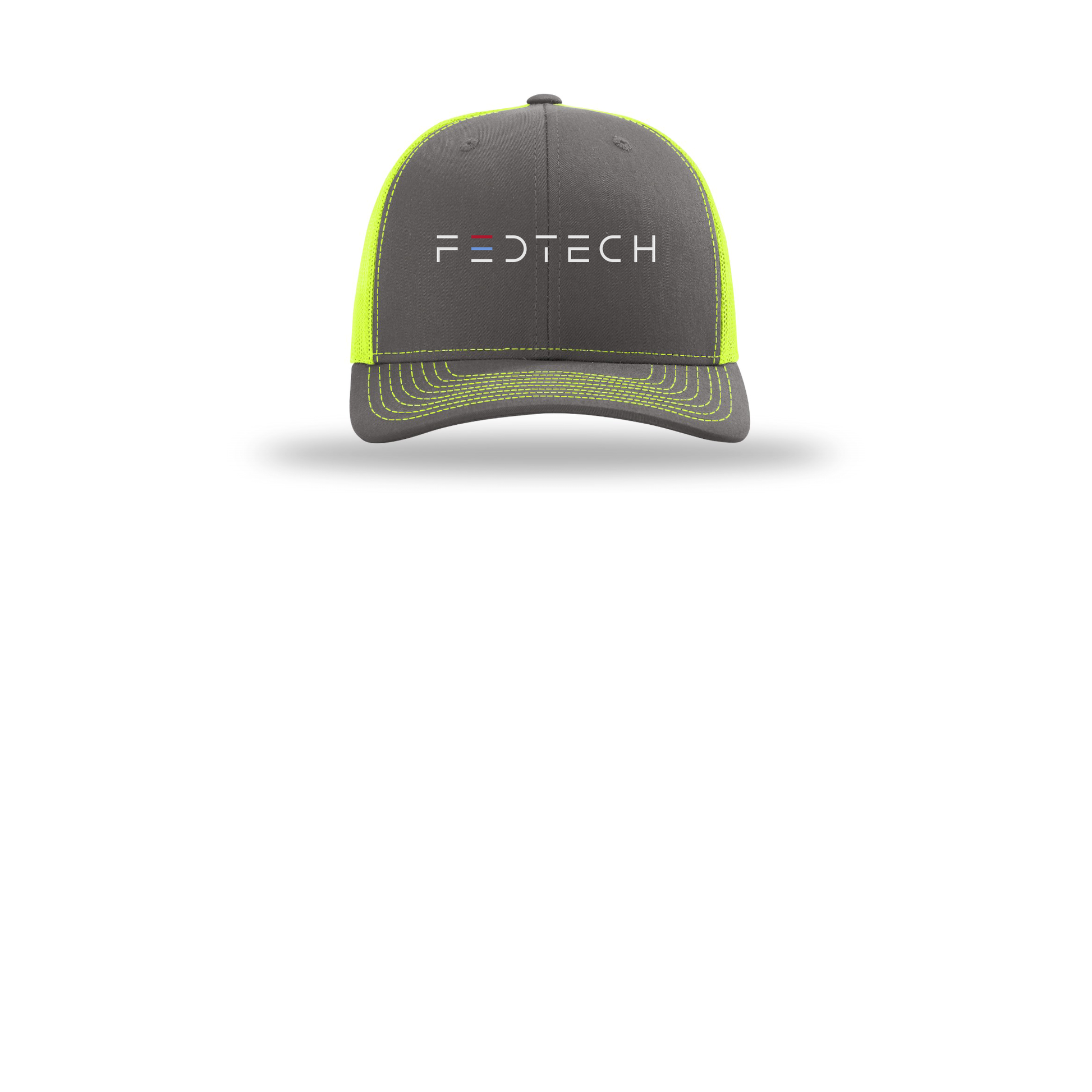 fedtech-richardson-trucker-cap-embroidery-capfront-R112-charcoalneonyellow-flat-front