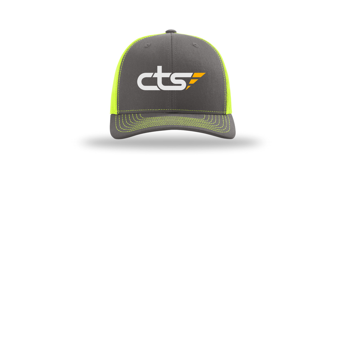 cts1-richardson-trucker-cap-embroidery-capfront-R112-charcoalneonyellow-flat-front