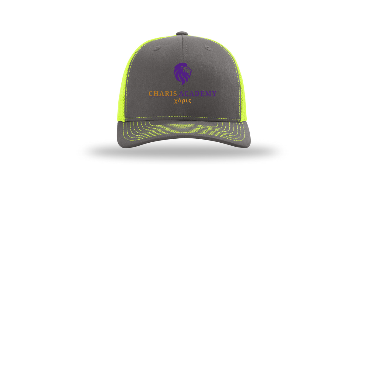 cahazleton-richardson-trucker-cap-embroidery-capfront-R112-charcoalneonyellow-flat-front