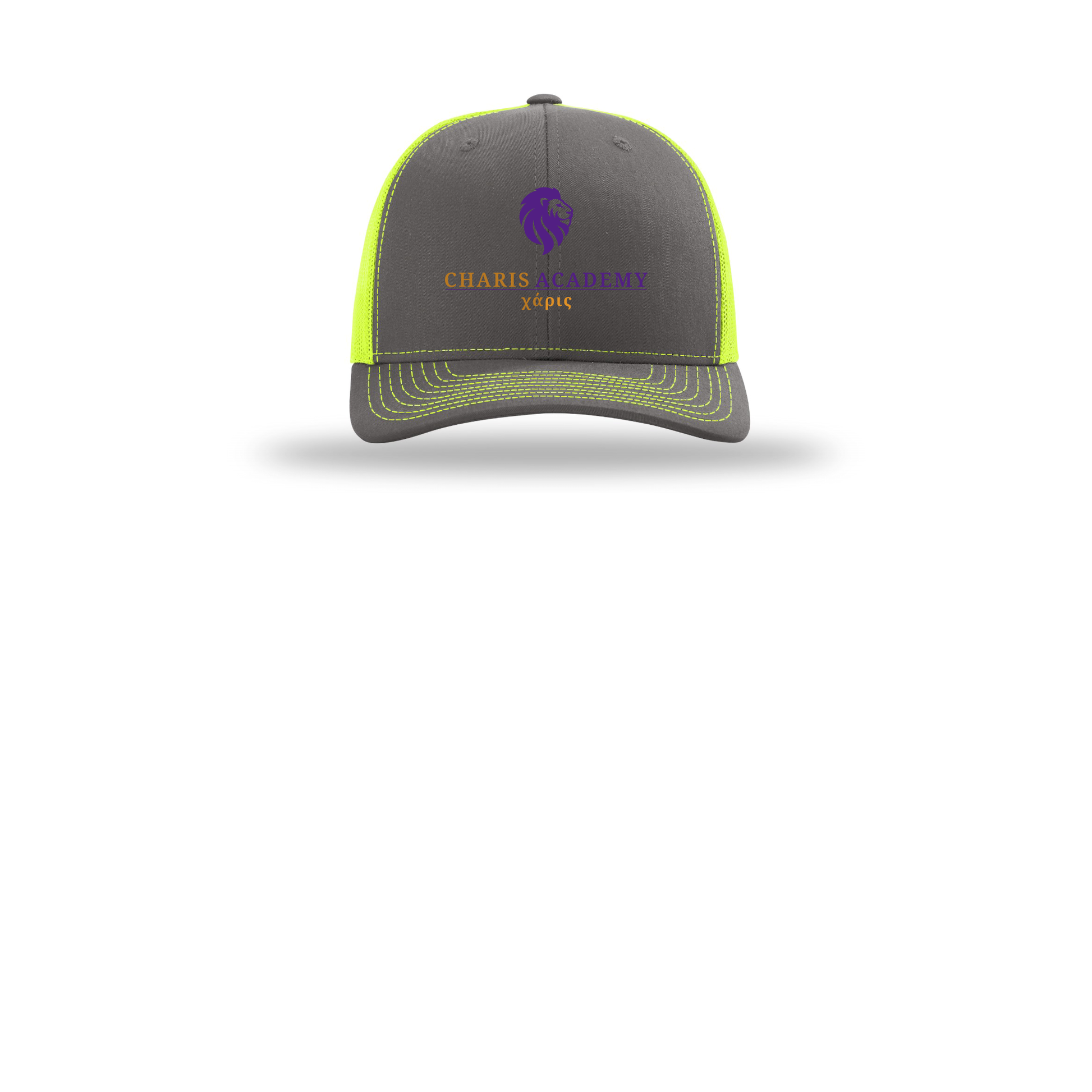 cahazleton-richardson-trucker-cap-embroidery-capfront-R112-charcoalneonyellow-flat-front