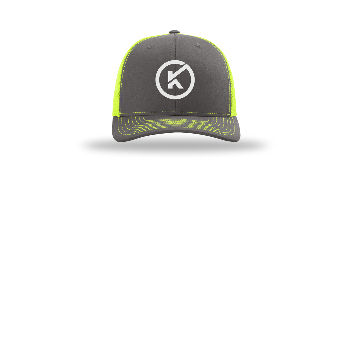 kitmanlabs-richardson-trucker-cap-embroidery-capfront-R112-charcoalneonyellow-flat-front