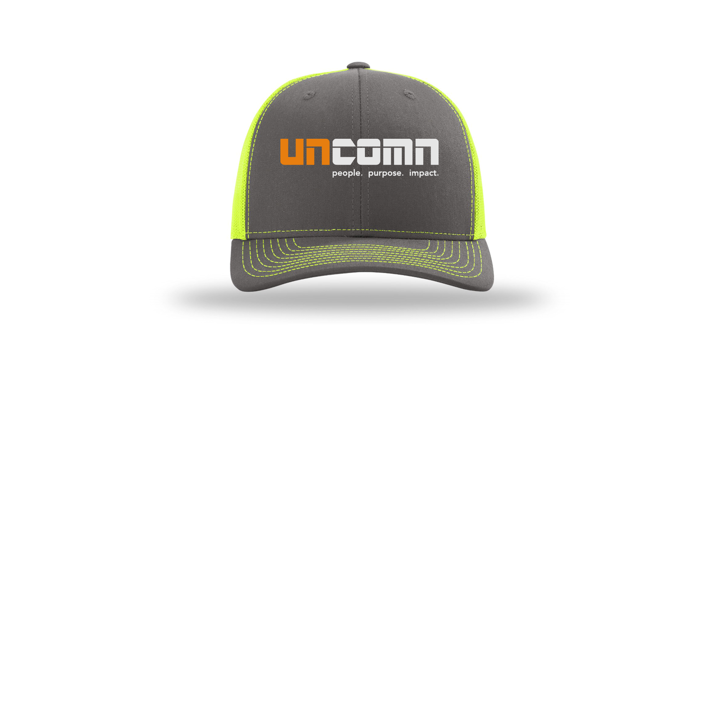 uncomn-richardson-trucker-cap-embroidery-capfront-R112-charcoalneonyellow-flat-front