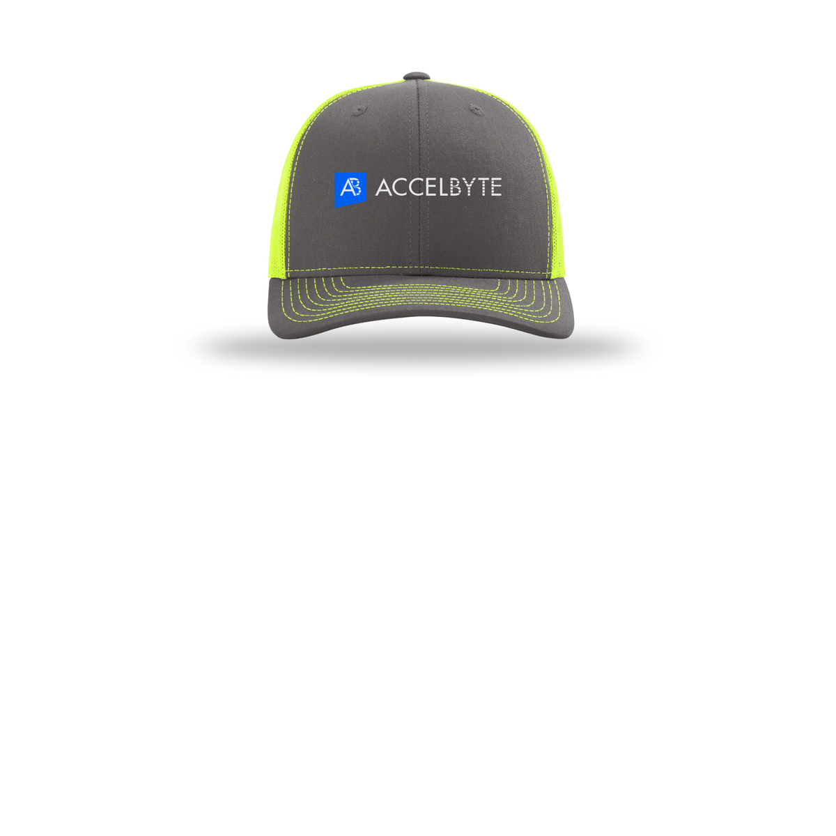accelbyte-richardson-trucker-cap-embroidery-capfront-R112-charcoalneonyellow-flat-front