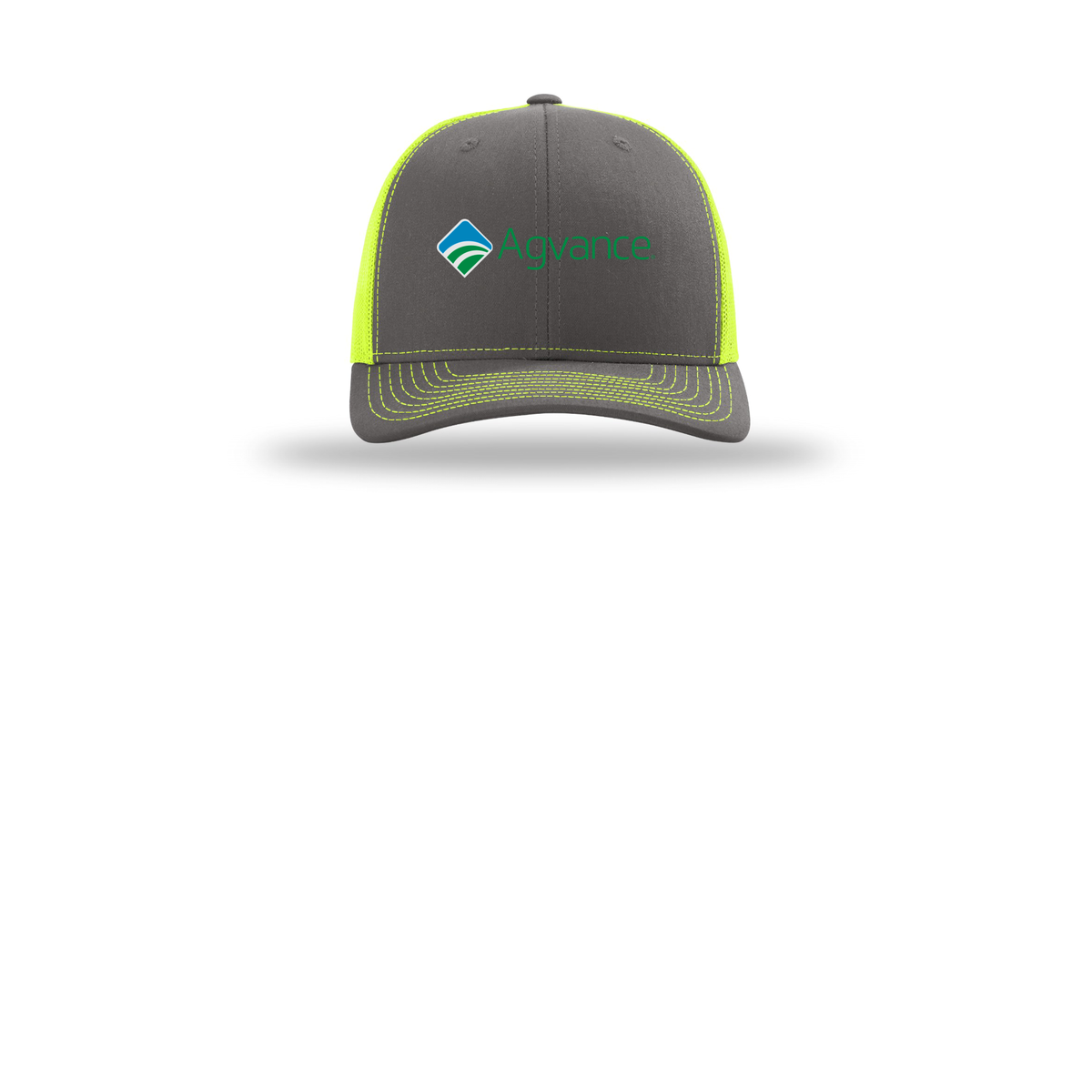 agvance-richardson-trucker-cap-embroidery-capfront-R112-charcoalneonyellow-flat-front