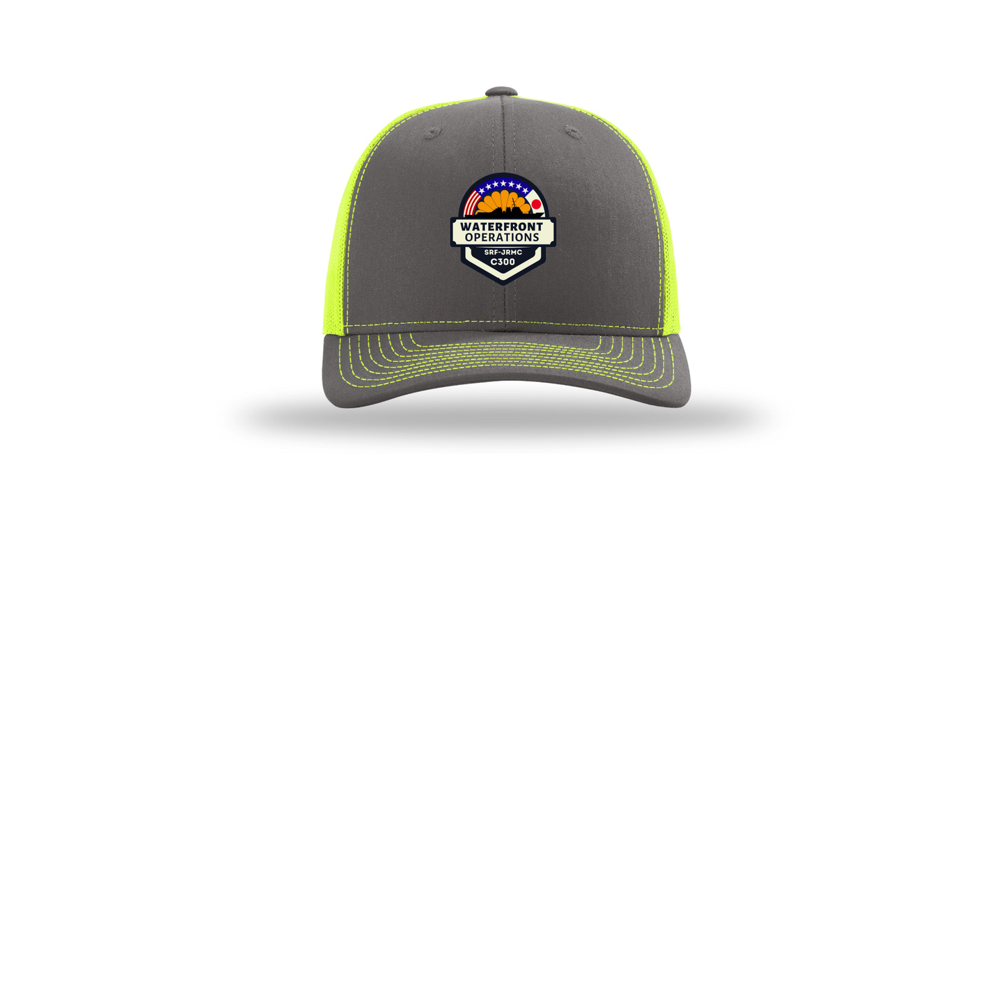 waterfront-operations-retro-trucker-cap-embroidery-capfront-R112-charcoalneonyellow-flat-front