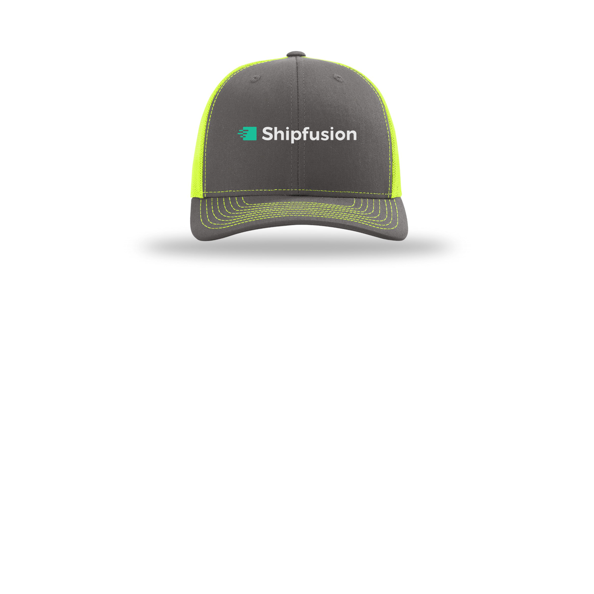 shipfusion-richardson-trucker-cap-embroidery-capfront-R112-charcoalneonyellow-flat-front