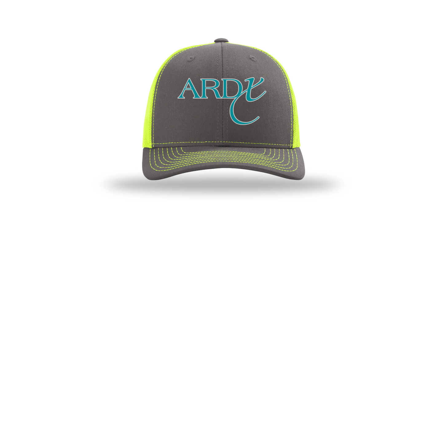 ardx-richardson-trucker-cap-embroidery-capfront-R112-charcoalneonyellow-flat-front