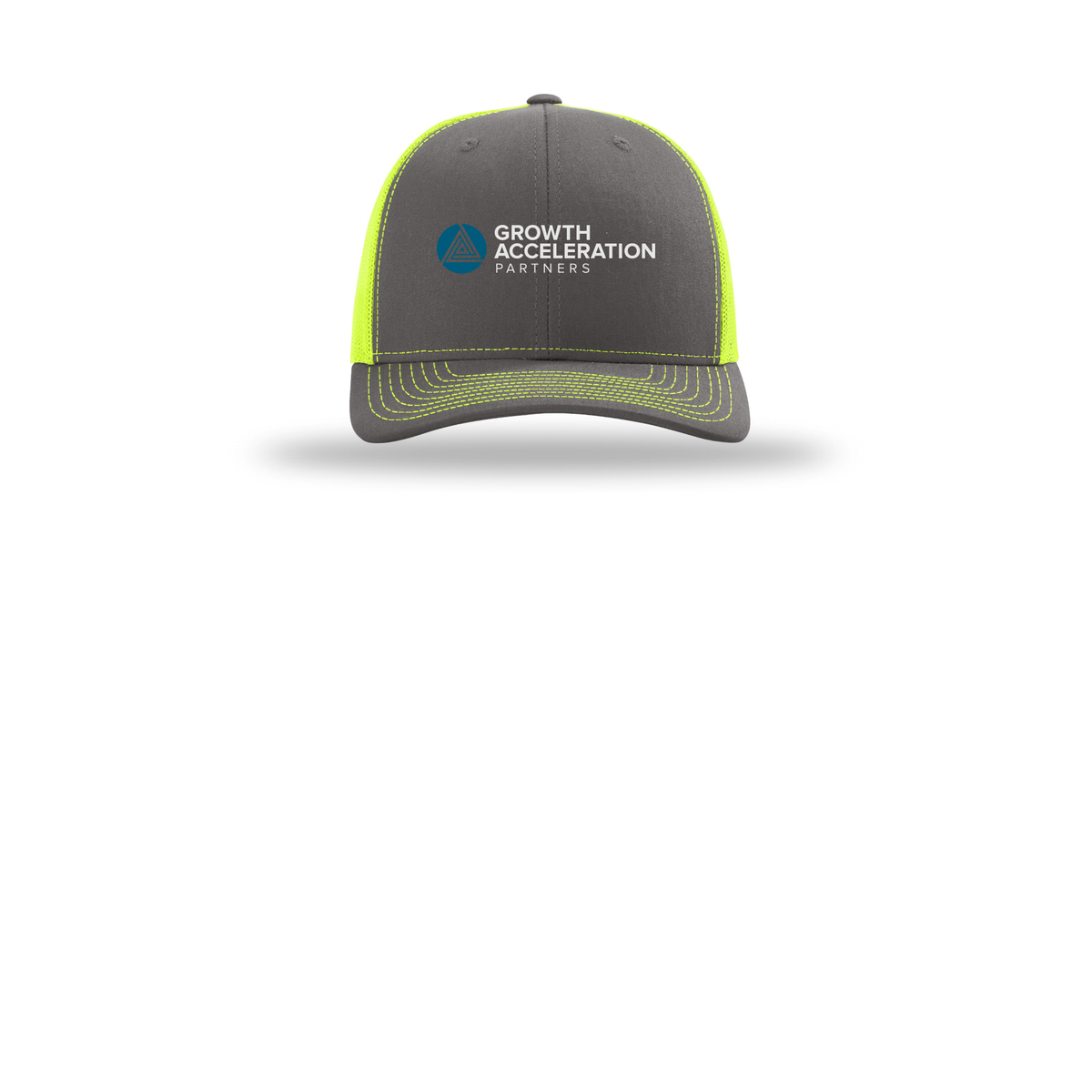 growthaccelerationpartners-richardson-trucker-cap-embroidery-capfront-R112-charcoalneonyellow-flat-front