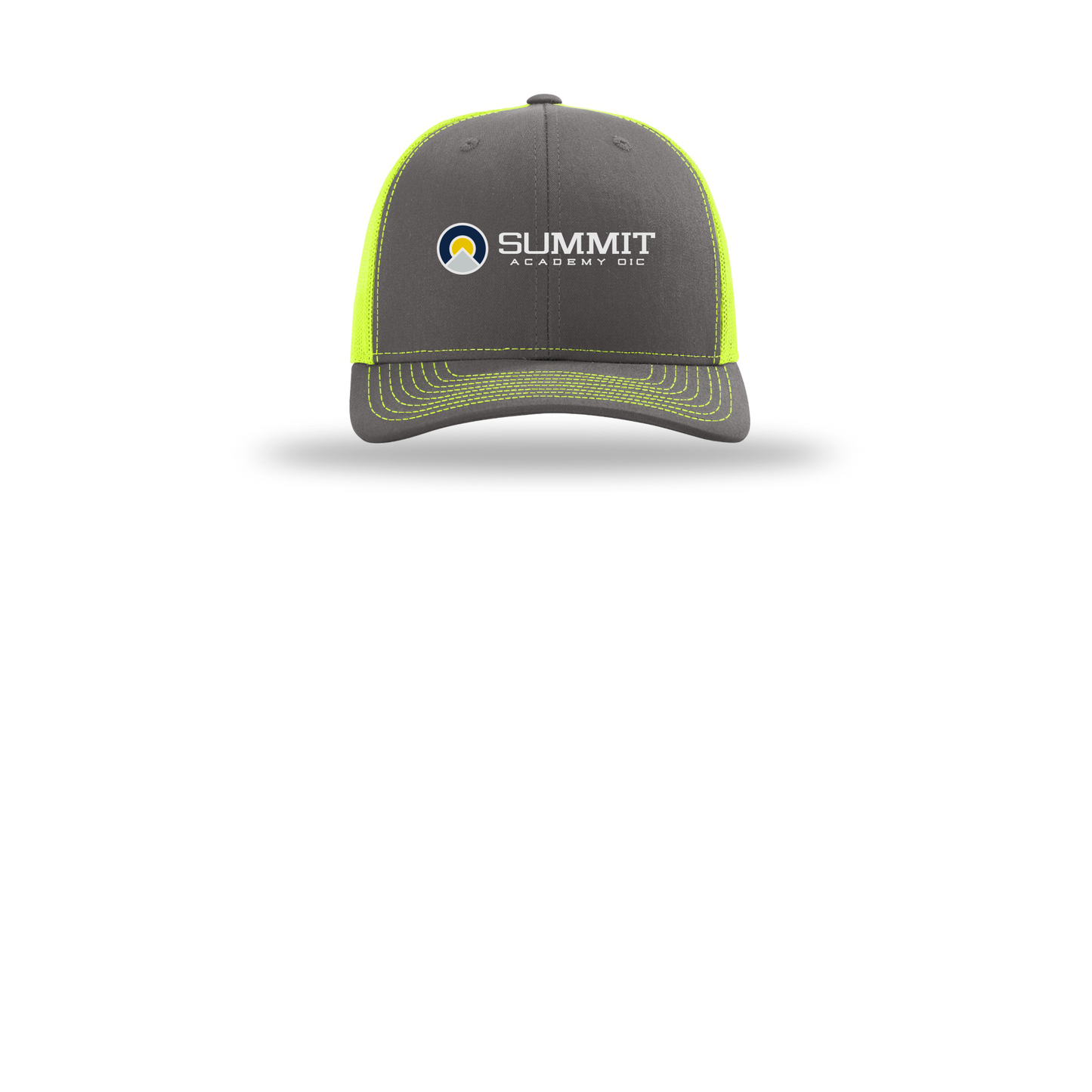 saoic-richardson-trucker-cap-embroidery-capfront-R112-charcoalneonyellow-flat-front