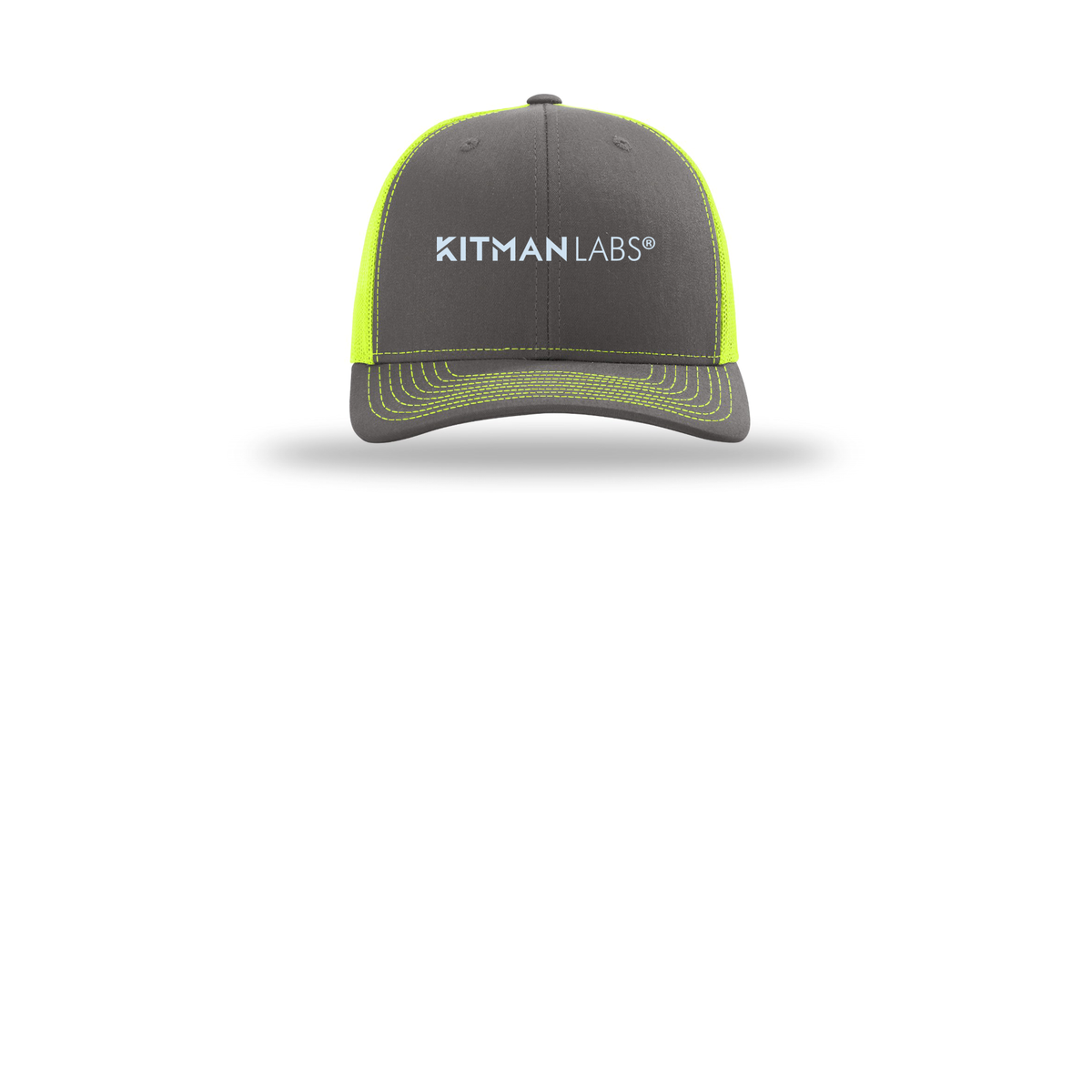 kitmanlabs-richardson-trucker-cap-embroidery-capfront-R112-charcoalneonyellow-flat-front