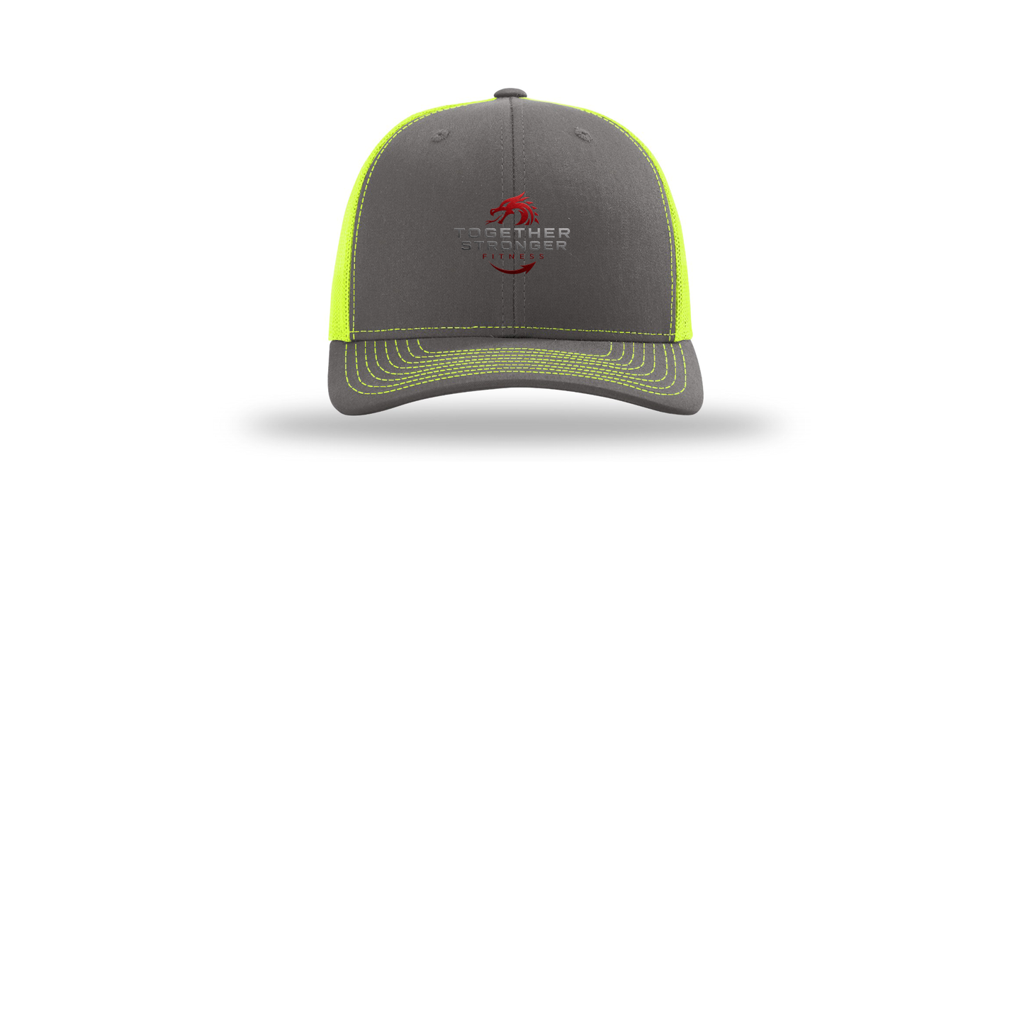 togetherstrongerfitness-richardson-trucker-cap-embroidery-capfront-R112-charcoalneonyellow-flat-front
