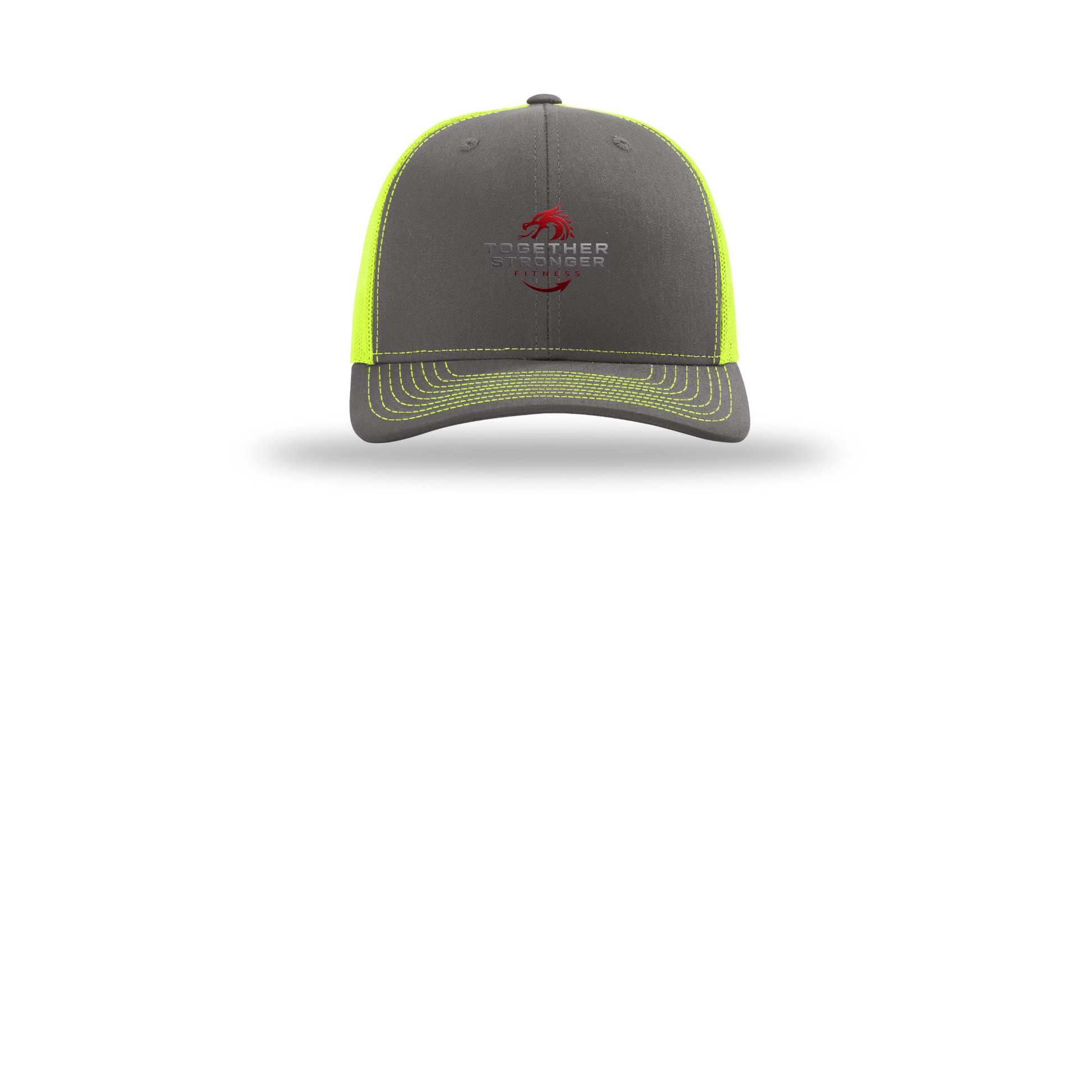 togetherstrongerfitness-richardson-trucker-cap-embroidery-capfront-R112-charcoalneonyellow-flat-front