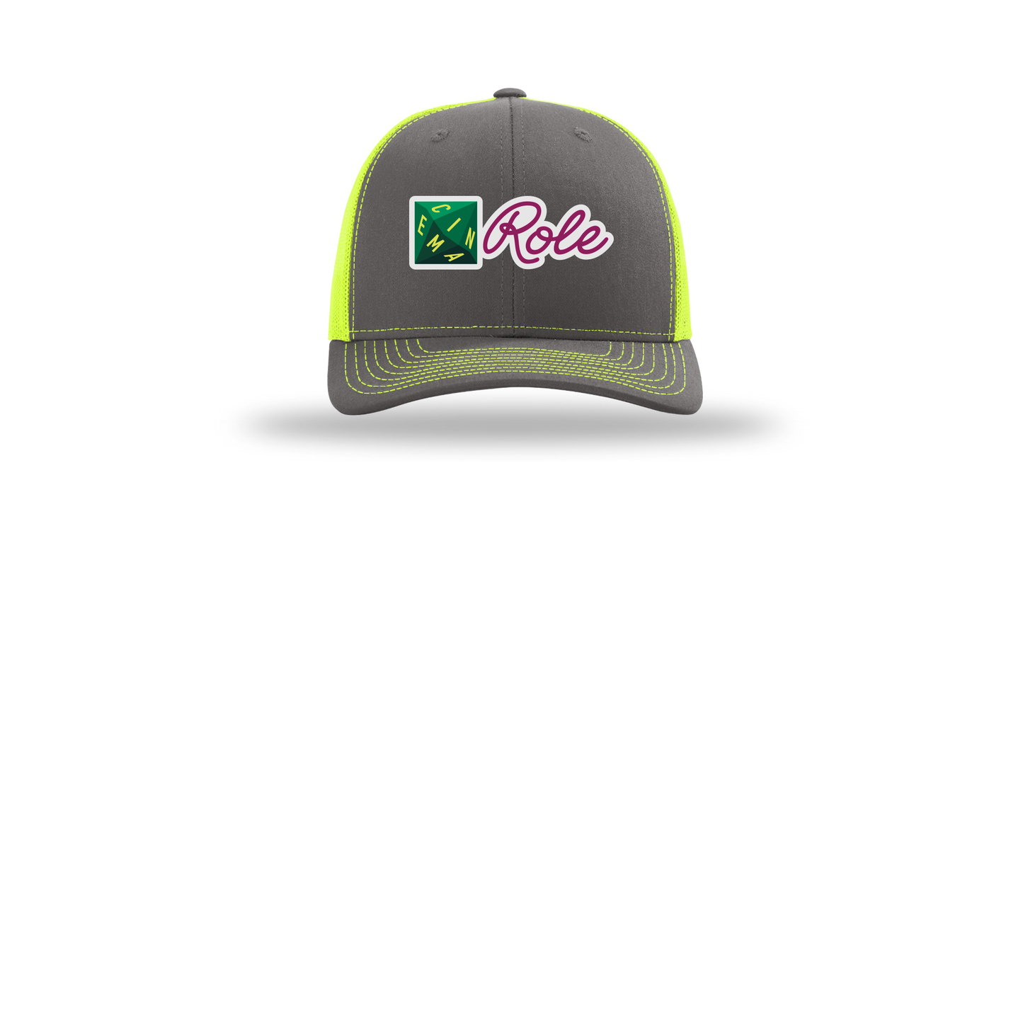 cinemarole-richardson-trucker-cap-embroidery-capfront-R112-charcoalneonyellow-flat-front