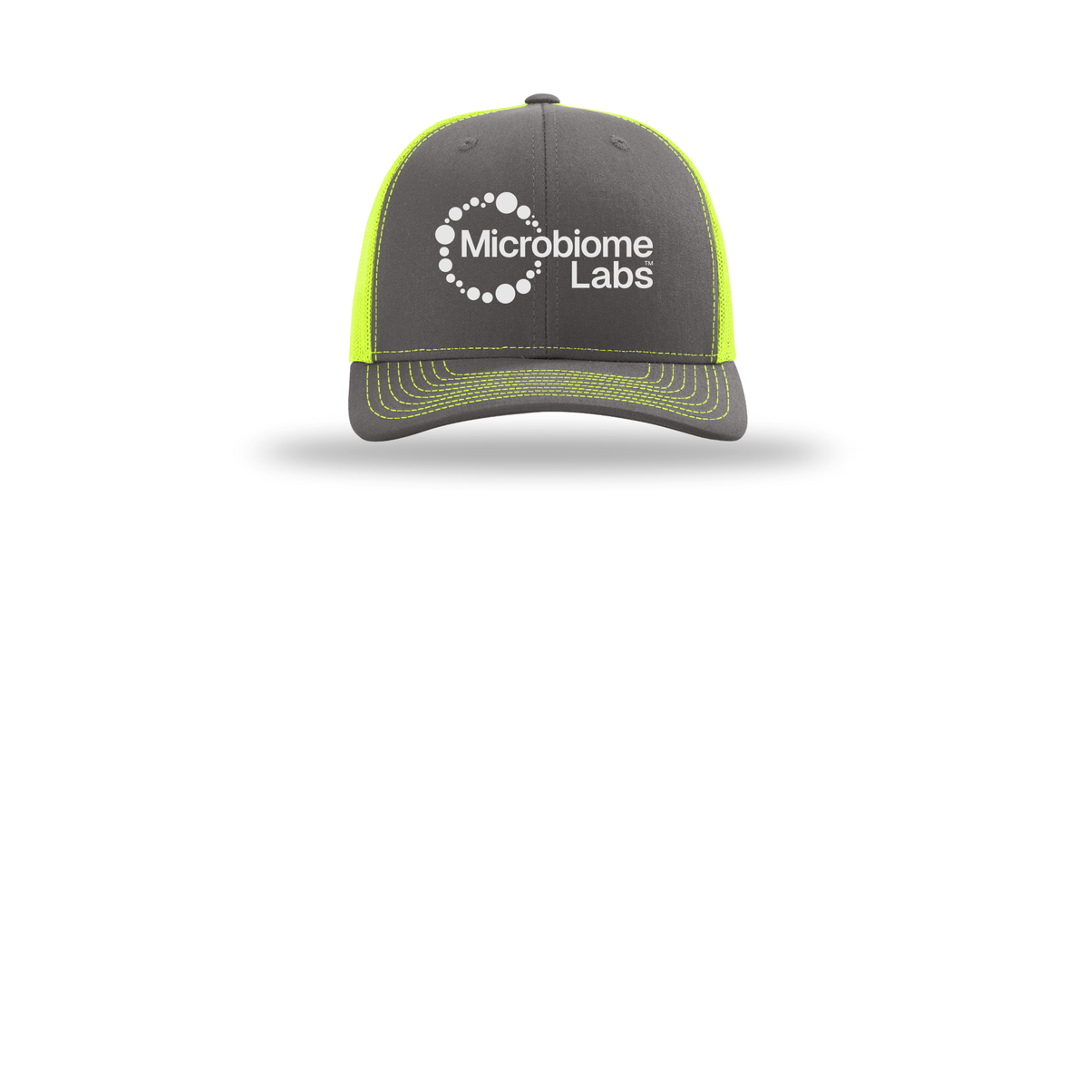 microbiomelabs-richardson-trucker-cap-embroidery-capfront-R112-charcoalneonyellow-flat-front
