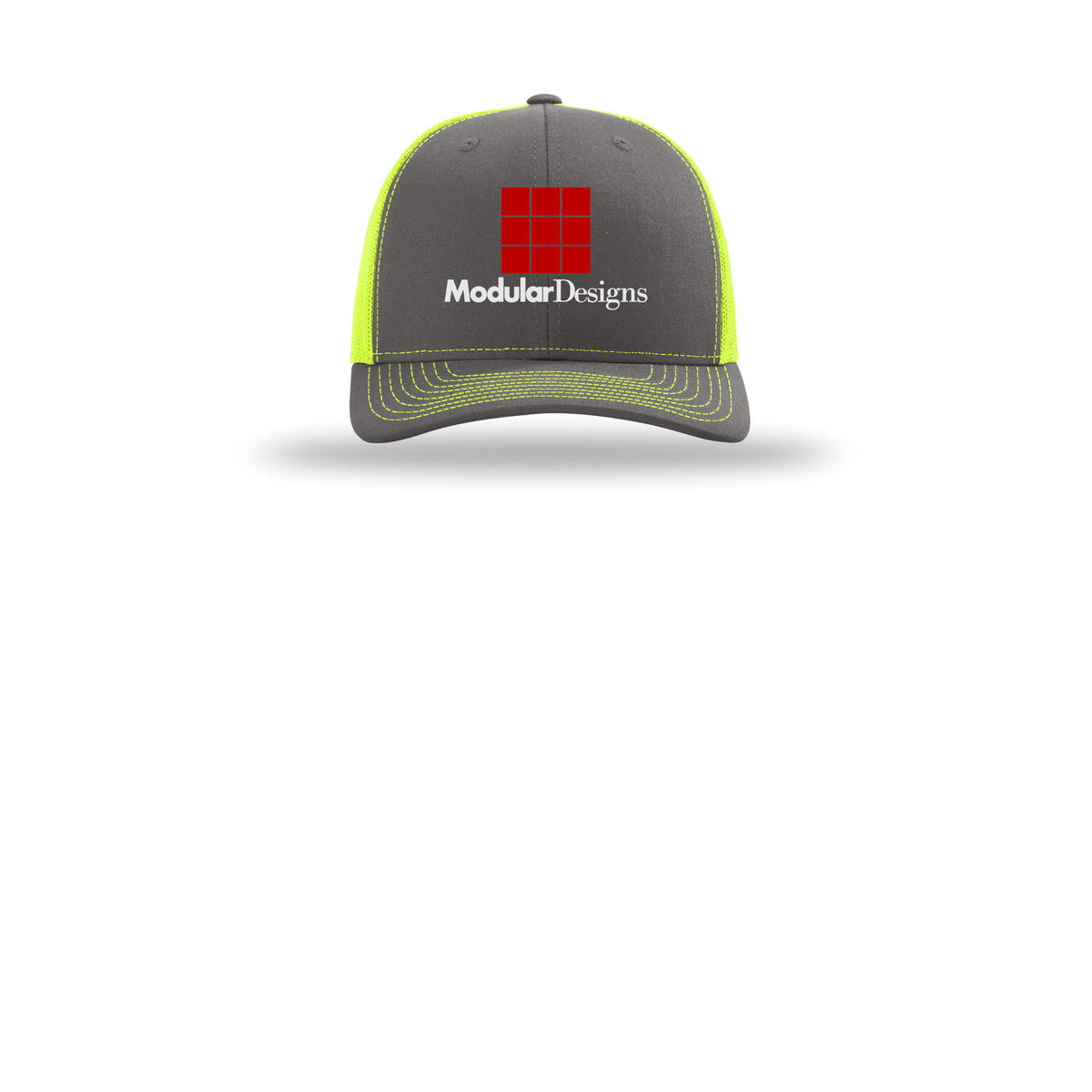modulardesignsflooring-richardson-trucker-cap-embroidery-capfront-R112-charcoalneonyellow-flat-front