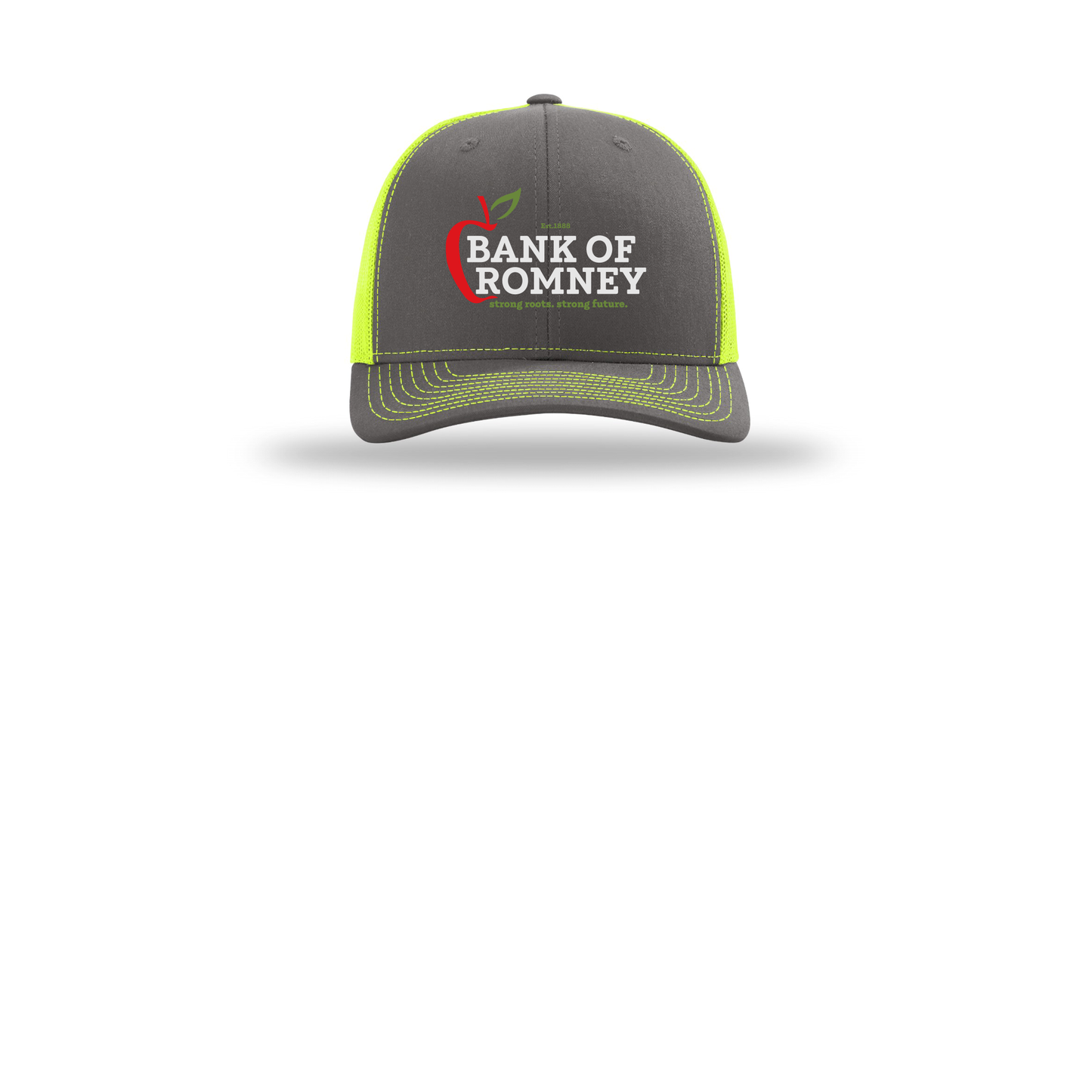 bankofromney-richardson-trucker-cap-embroidery-capfront-R112-charcoalneonyellow-flat-front