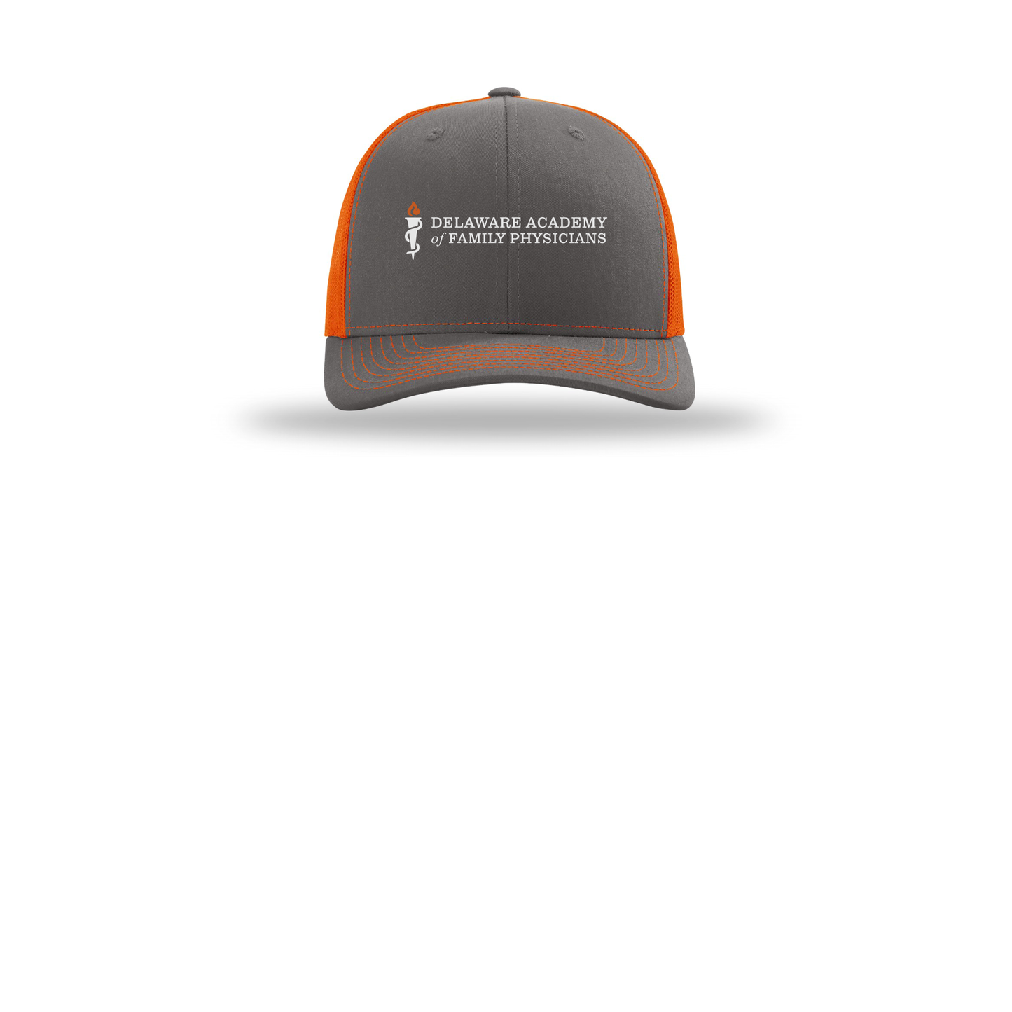 delfamdoc-richardson-trucker-cap-embroidery-capfront-R112-charcoalorange-flat-front