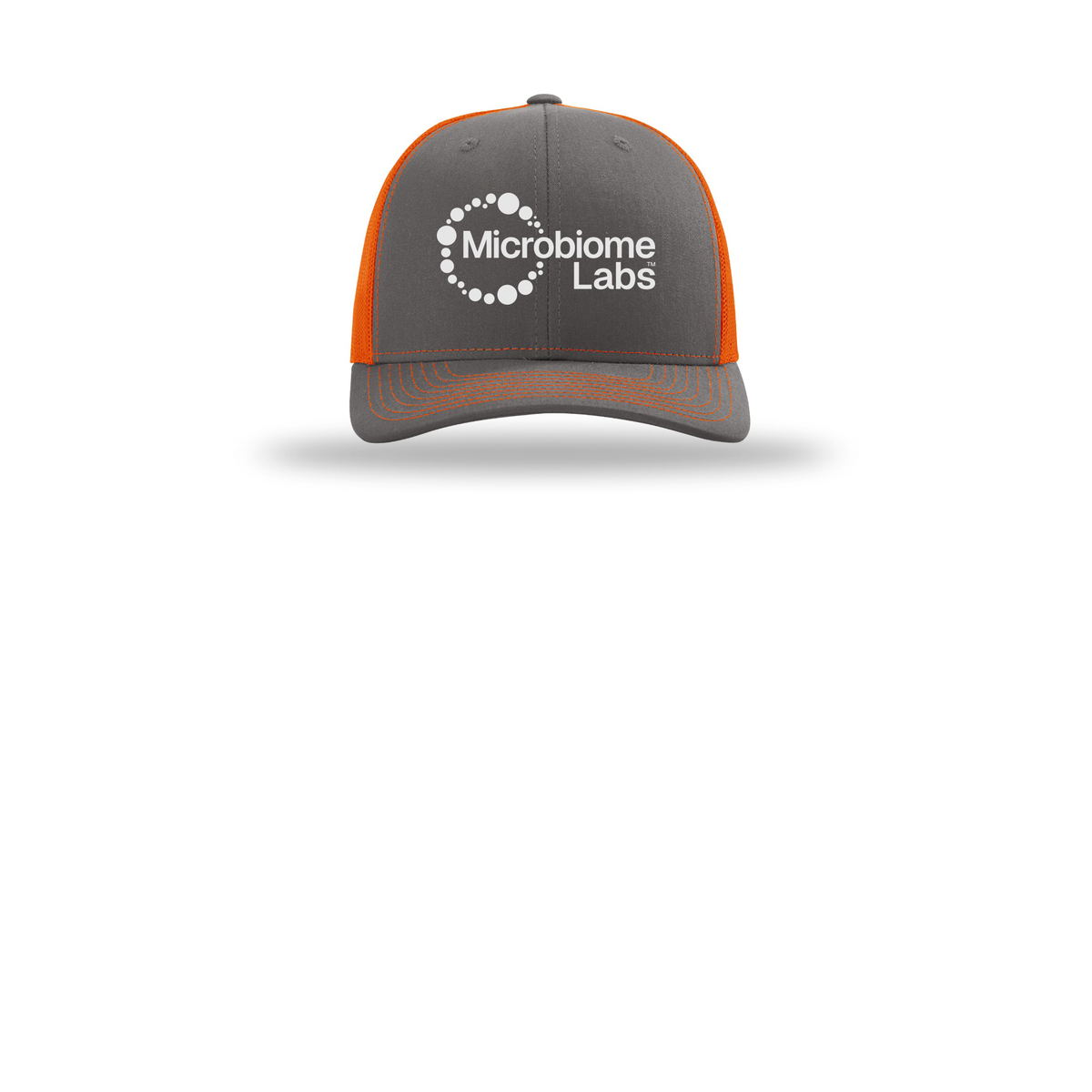 microbiomelabs-richardson-trucker-cap-embroidery-capfront-R112-charcoalorange-flat-front