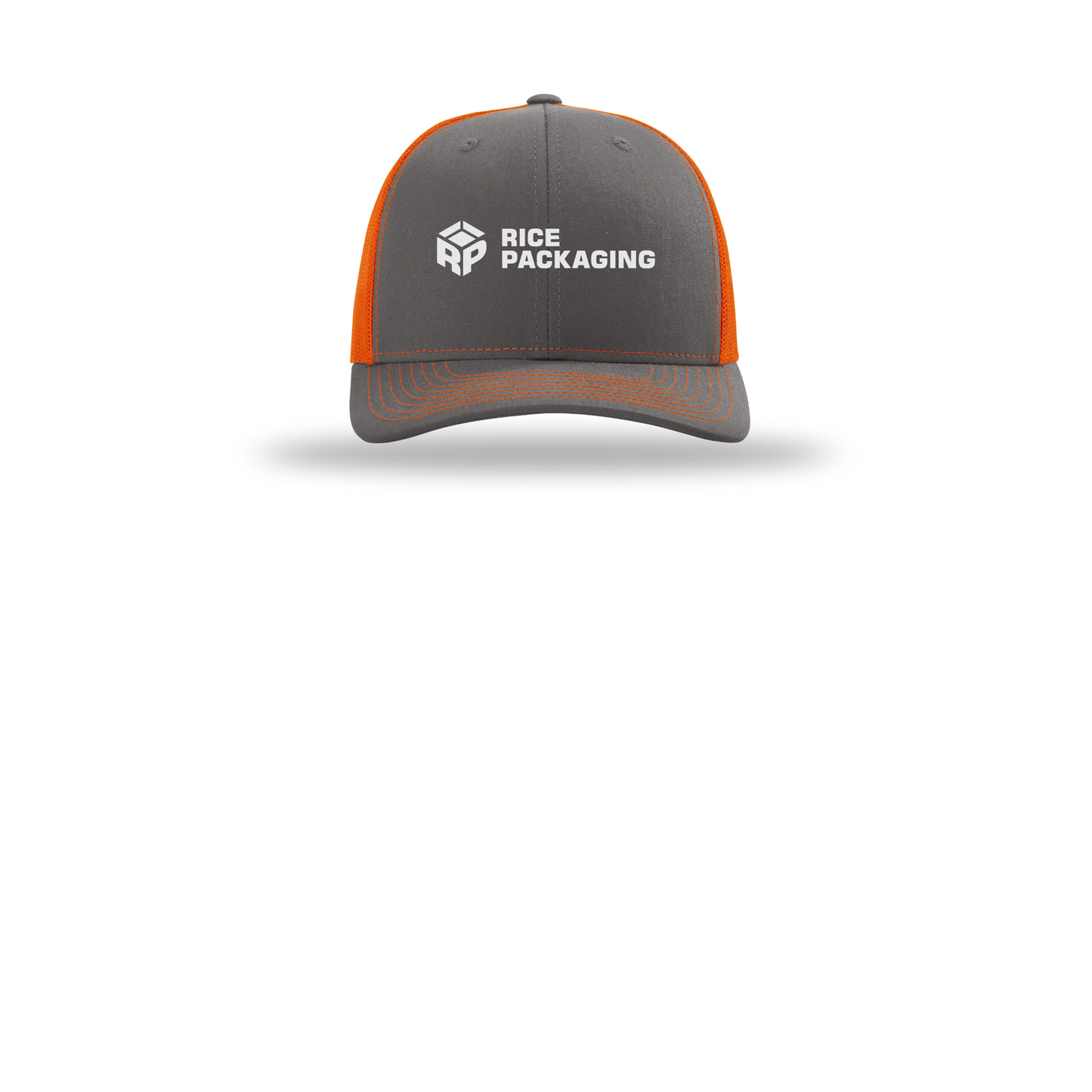 ricepackaging-richardson-trucker-cap-embroidery-capfront-R112-charcoalorange-flat-front
