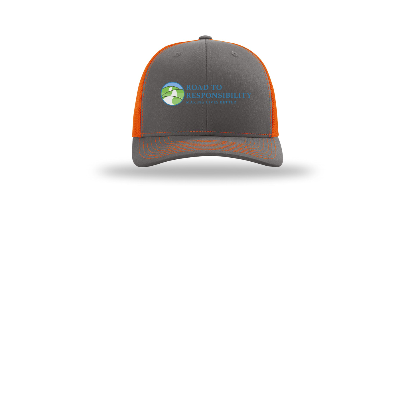 roadtoresponsibility-richardson-trucker-cap-embroidery-capfront-R112-charcoalorange-flat-front