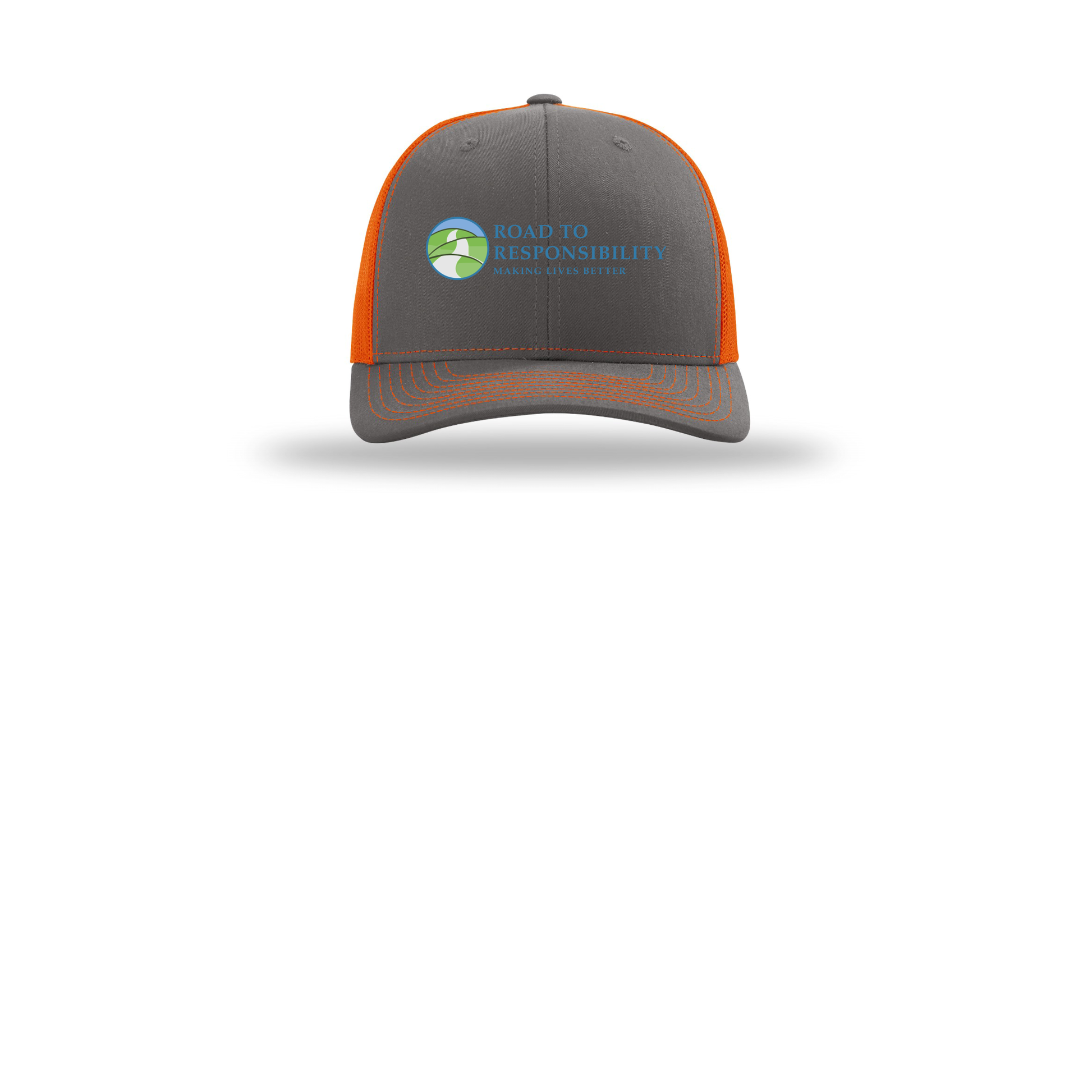 roadtoresponsibility-richardson-trucker-cap-embroidery-capfront-R112-charcoalorange-flat-front