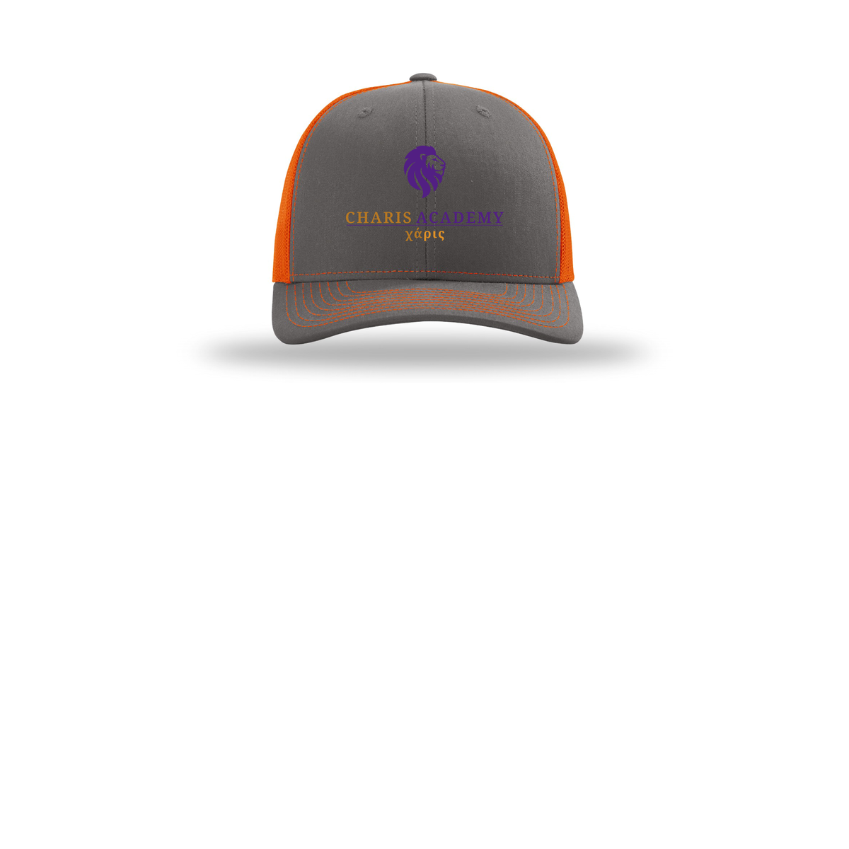 cahazleton-richardson-trucker-cap-embroidery-capfront-R112-charcoalorange-flat-front