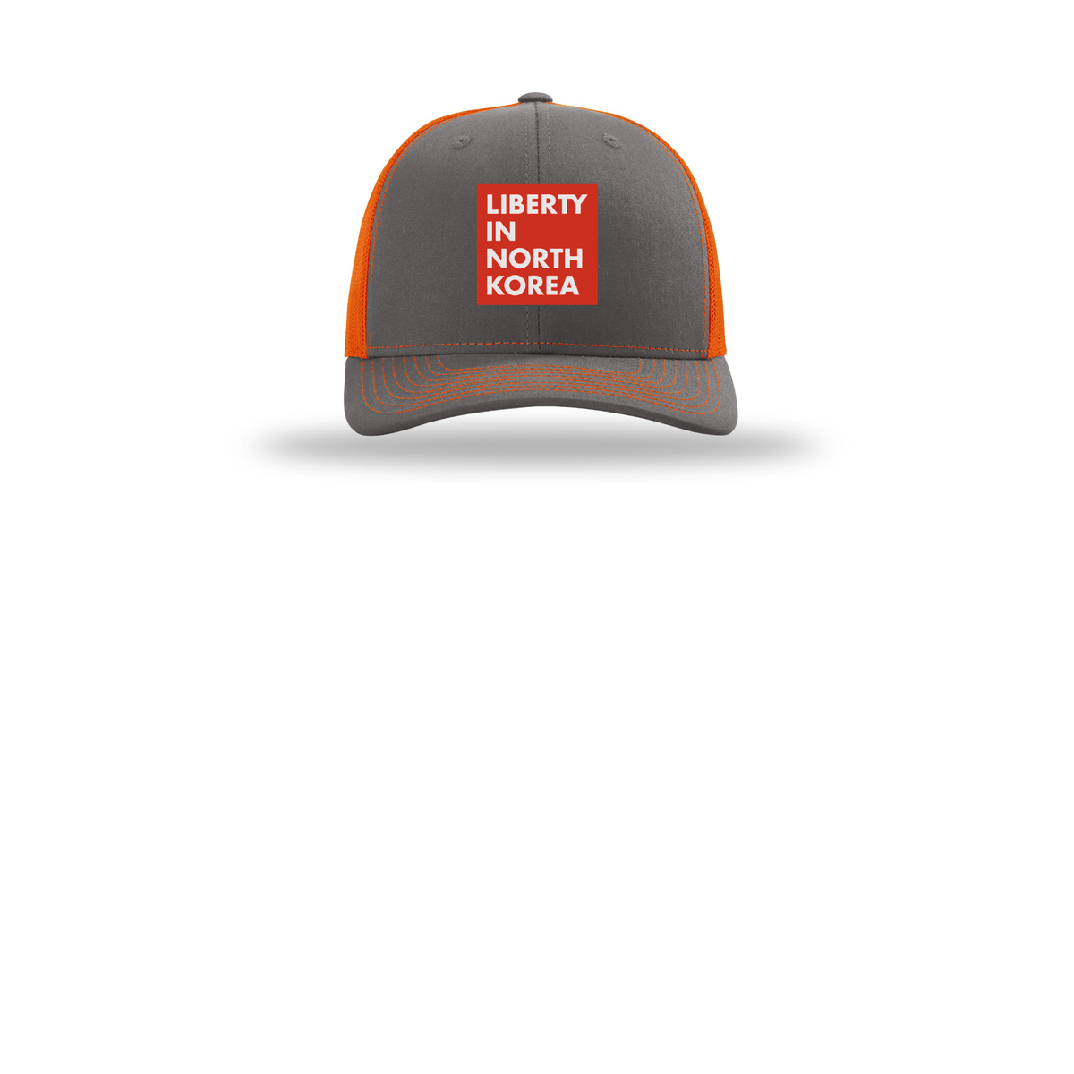 libertyinnorthkorea-richardson-trucker-cap-embroidery-capfront-R112-charcoalorange-flat-front