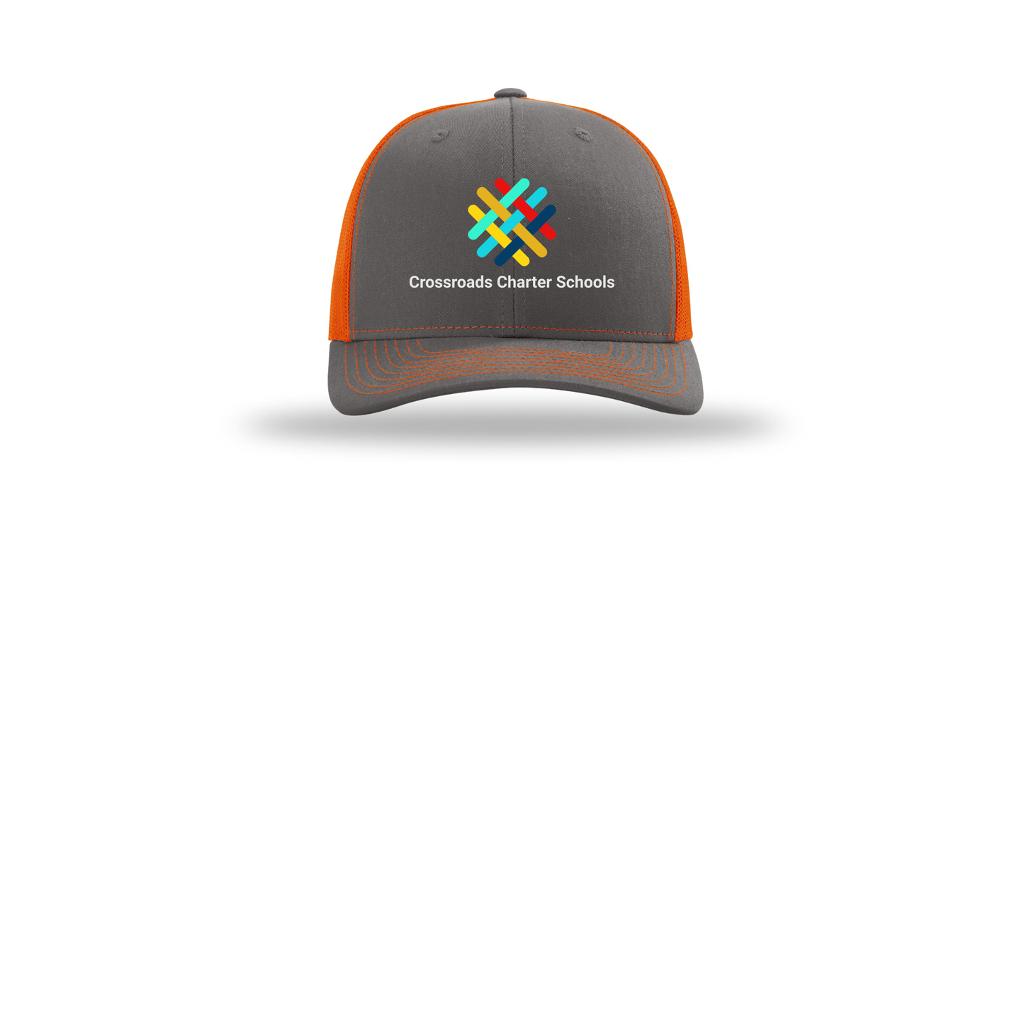 crossroadsschoolskc-richardson-trucker-cap-embroidery-capfront-R112-charcoalorange-flat-front