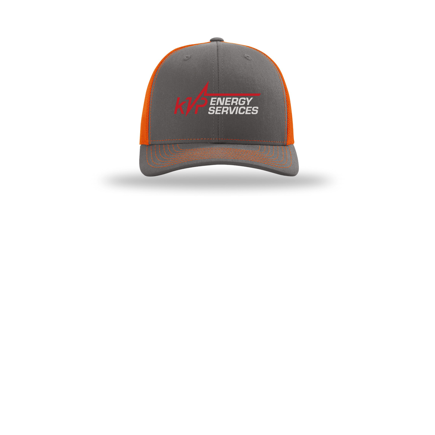 kvpenergy-richardson-trucker-cap-embroidery-capfront-R112-charcoalorange-flat-front