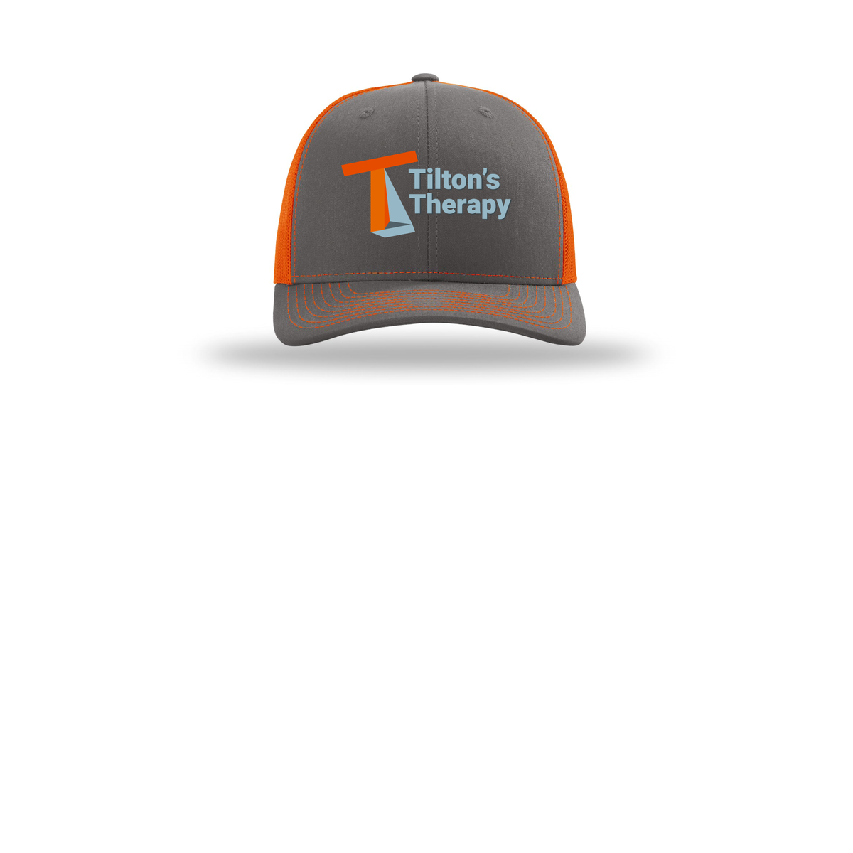 tiltonstherapy-richardson-trucker-cap-embroidery-capfront-R112-charcoalorange-flat-front