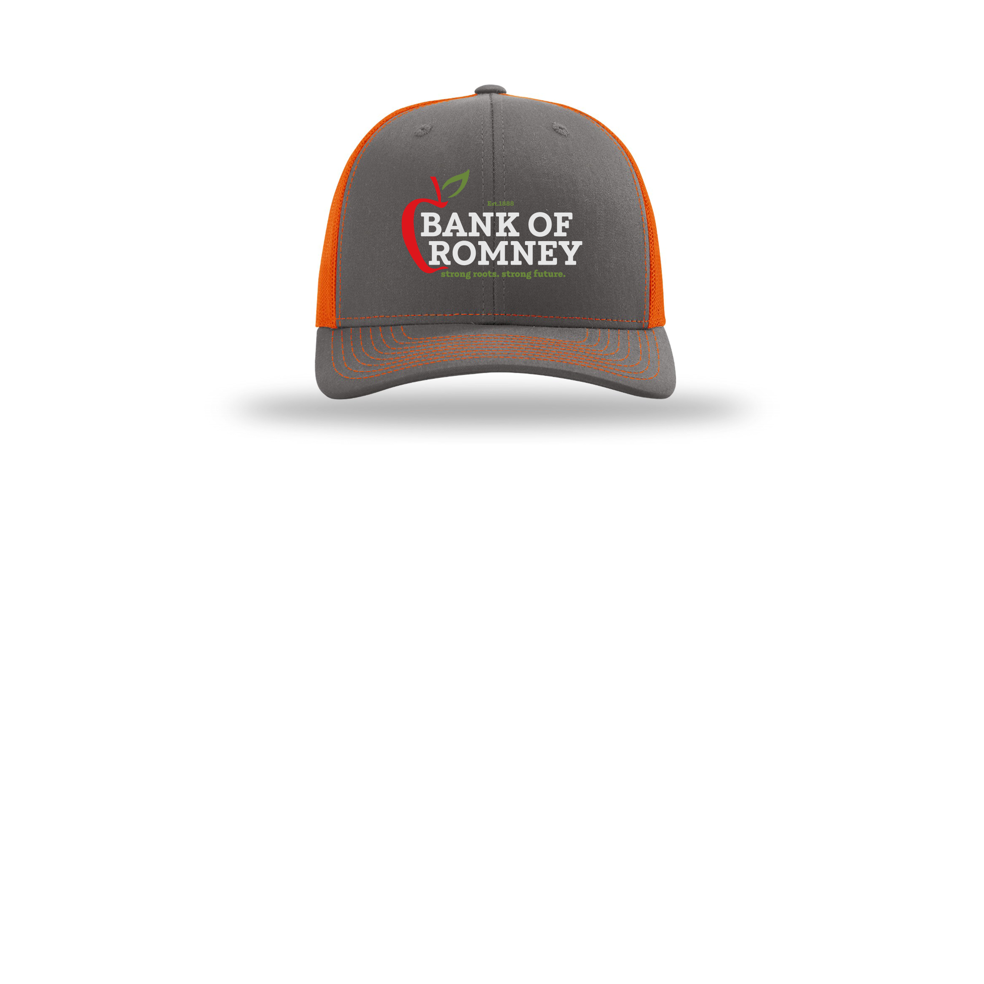 bankofromney-richardson-trucker-cap-embroidery-capfront-R112-charcoalorange-flat-front