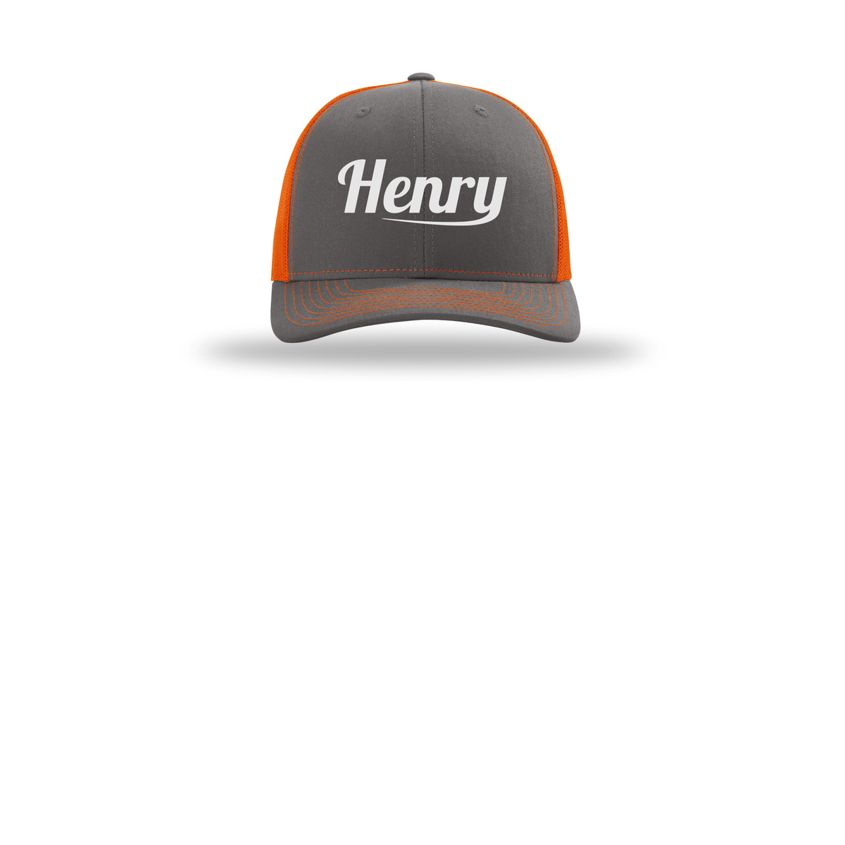 henrymeds-richardson-trucker-cap-embroidery-capfront-R112-charcoalorange-flat-front