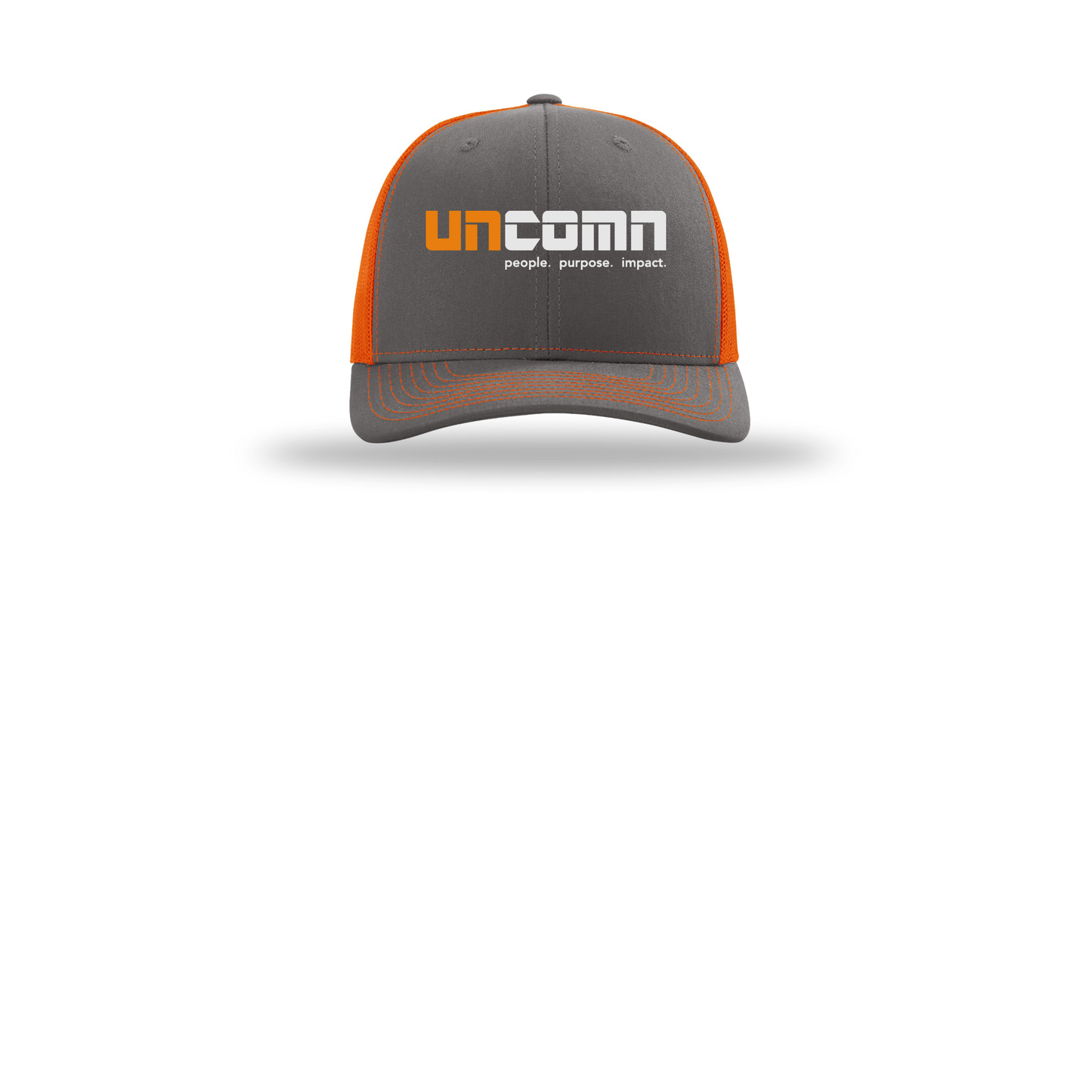 uncomn-richardson-trucker-cap-embroidery-capfront-R112-charcoalorange-flat-front