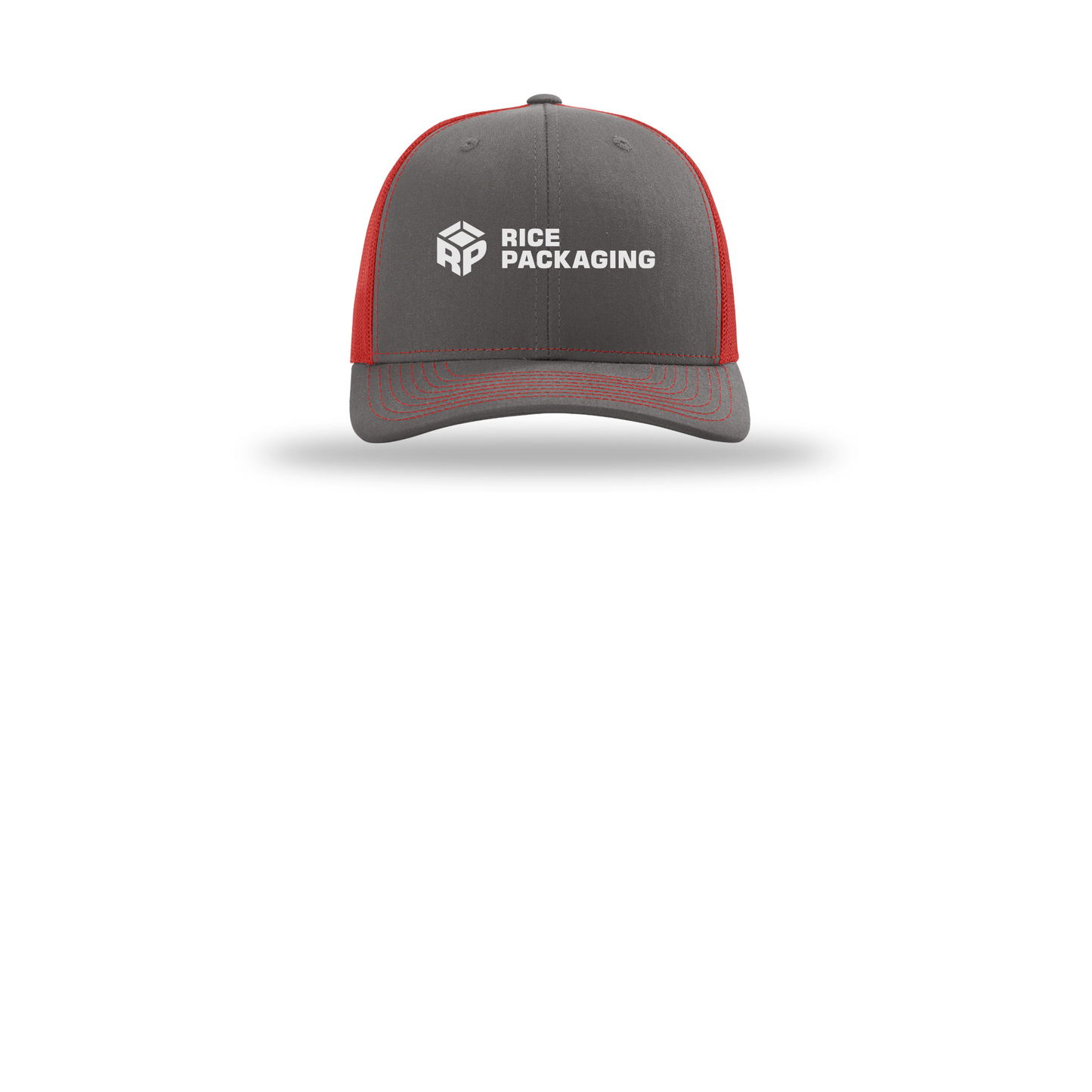 ricepackaging-richardson-trucker-cap-embroidery-capfront-R112-charcoalred-flat-front