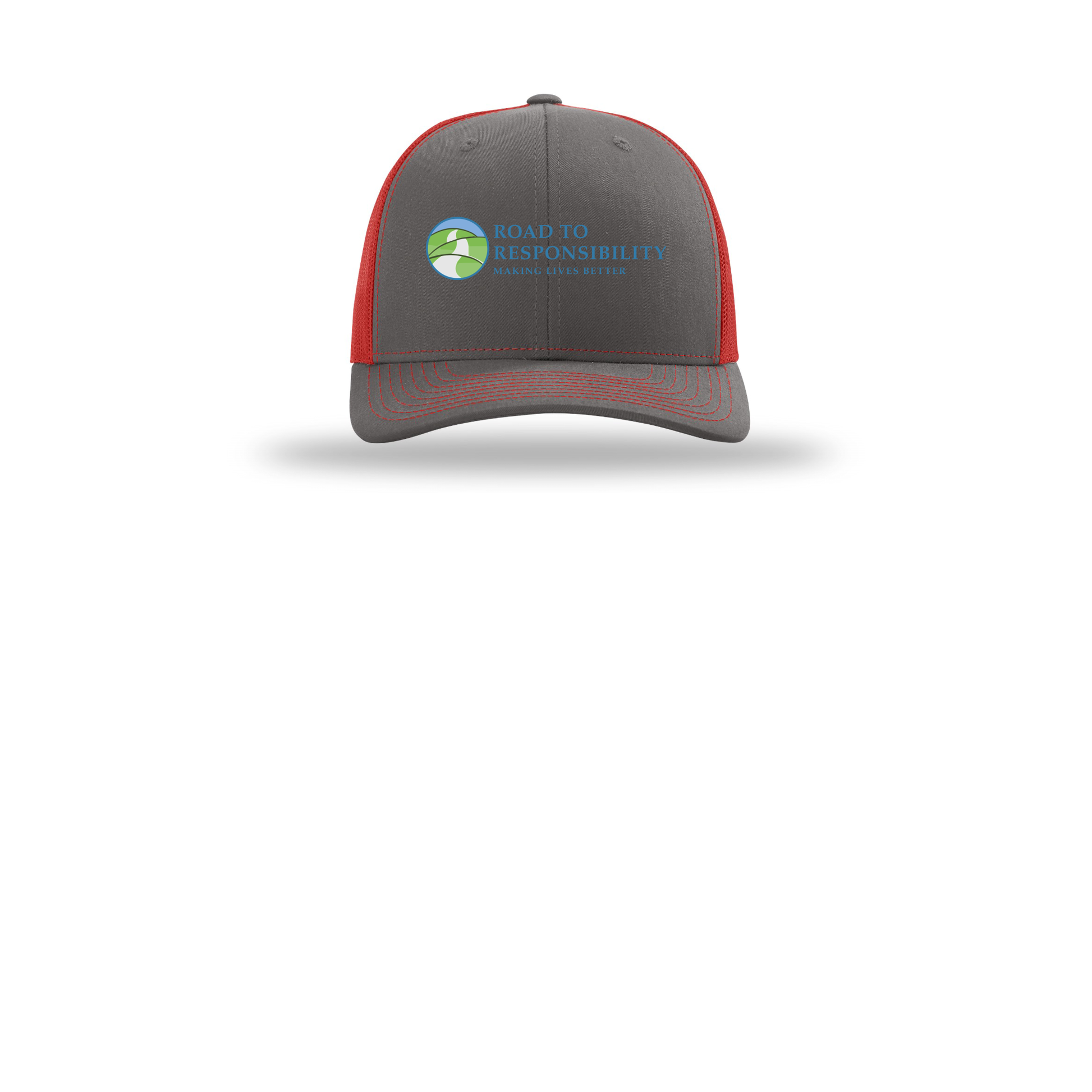roadtoresponsibility-richardson-trucker-cap-embroidery-capfront-R112-charcoalred-flat-front
