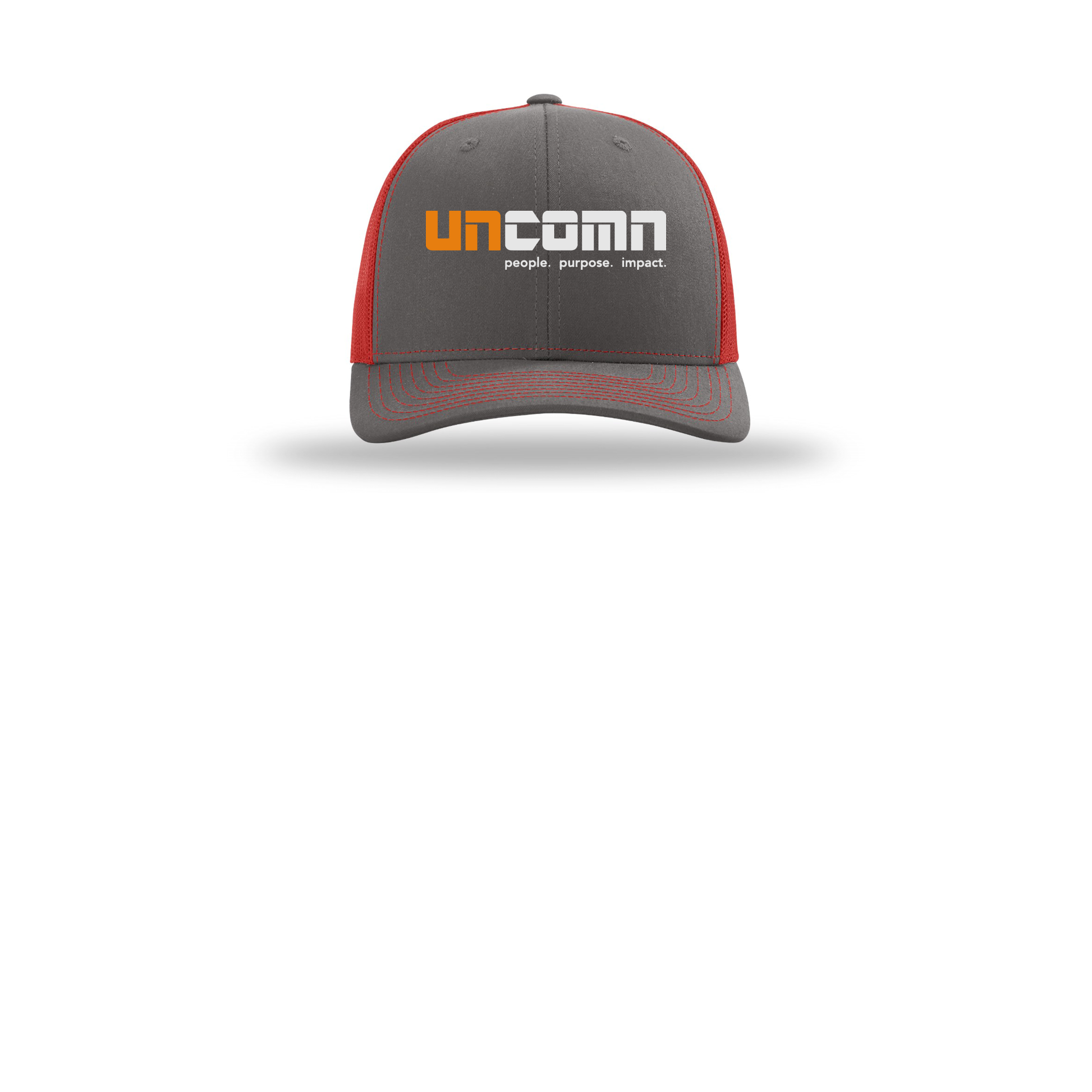 uncomn-richardson-trucker-cap-embroidery-capfront-R112-charcoalred-flat-front