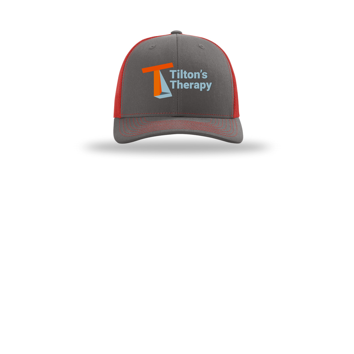 tiltonstherapy-richardson-trucker-cap-embroidery-capfront-R112-charcoalred-flat-front