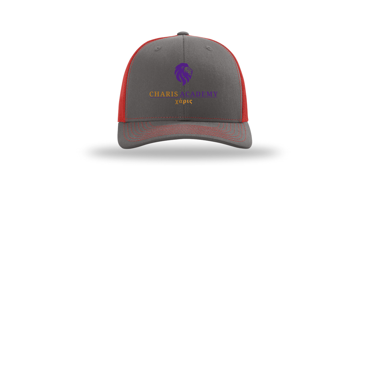 cahazleton-richardson-trucker-cap-embroidery-capfront-R112-charcoalred-flat-front