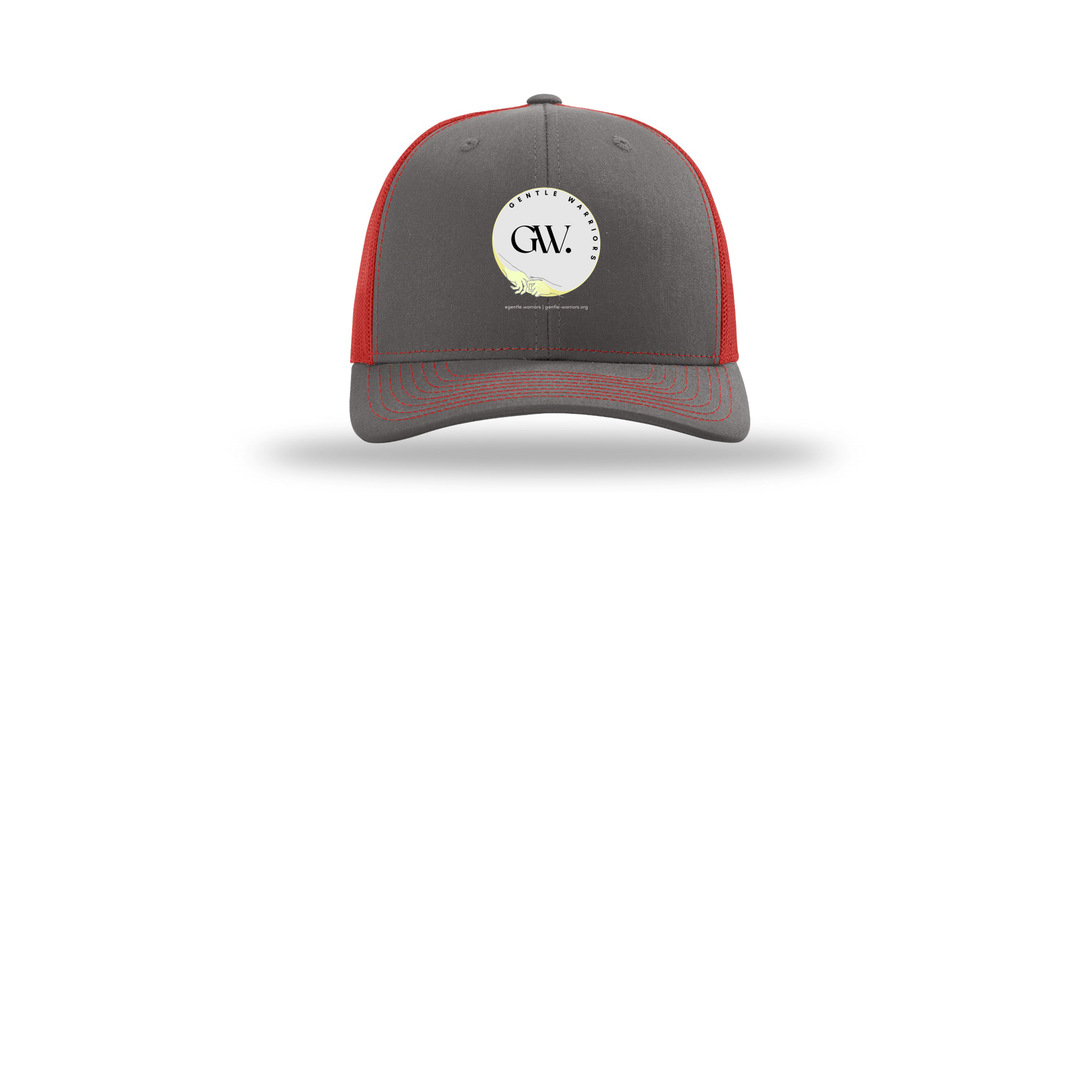 gentle-warriors-richardson-trucker-cap-embroidery-capfront-R112-charcoalred-flat-front
