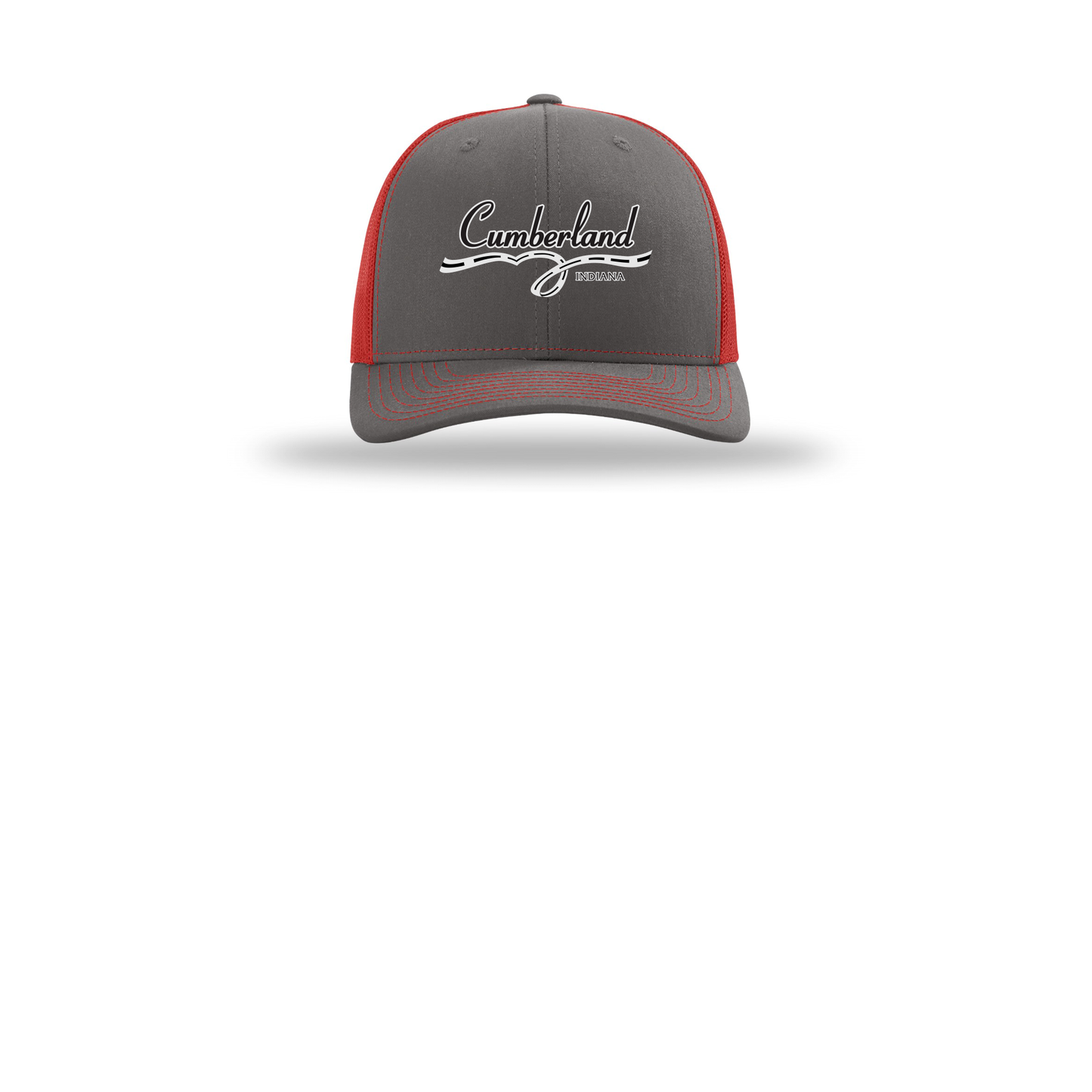 cumberland-richardson-trucker-cap-embroidery-capfront-R112-charcoalred-flat-front