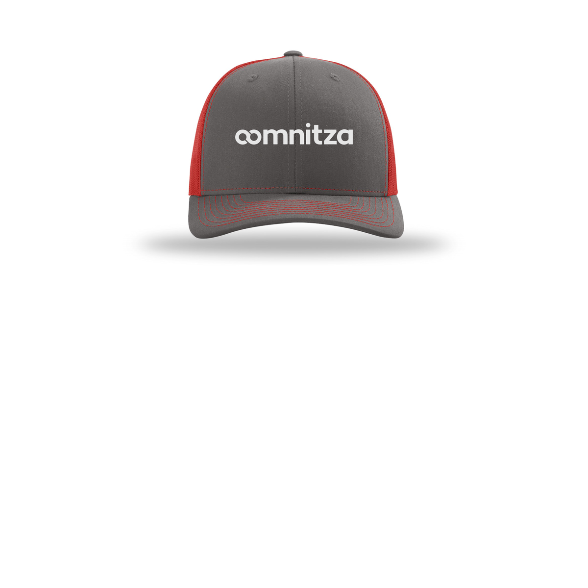 oomnitza-richardson-trucker-cap-embroidery-capfront-R112-charcoalred-flat-front
