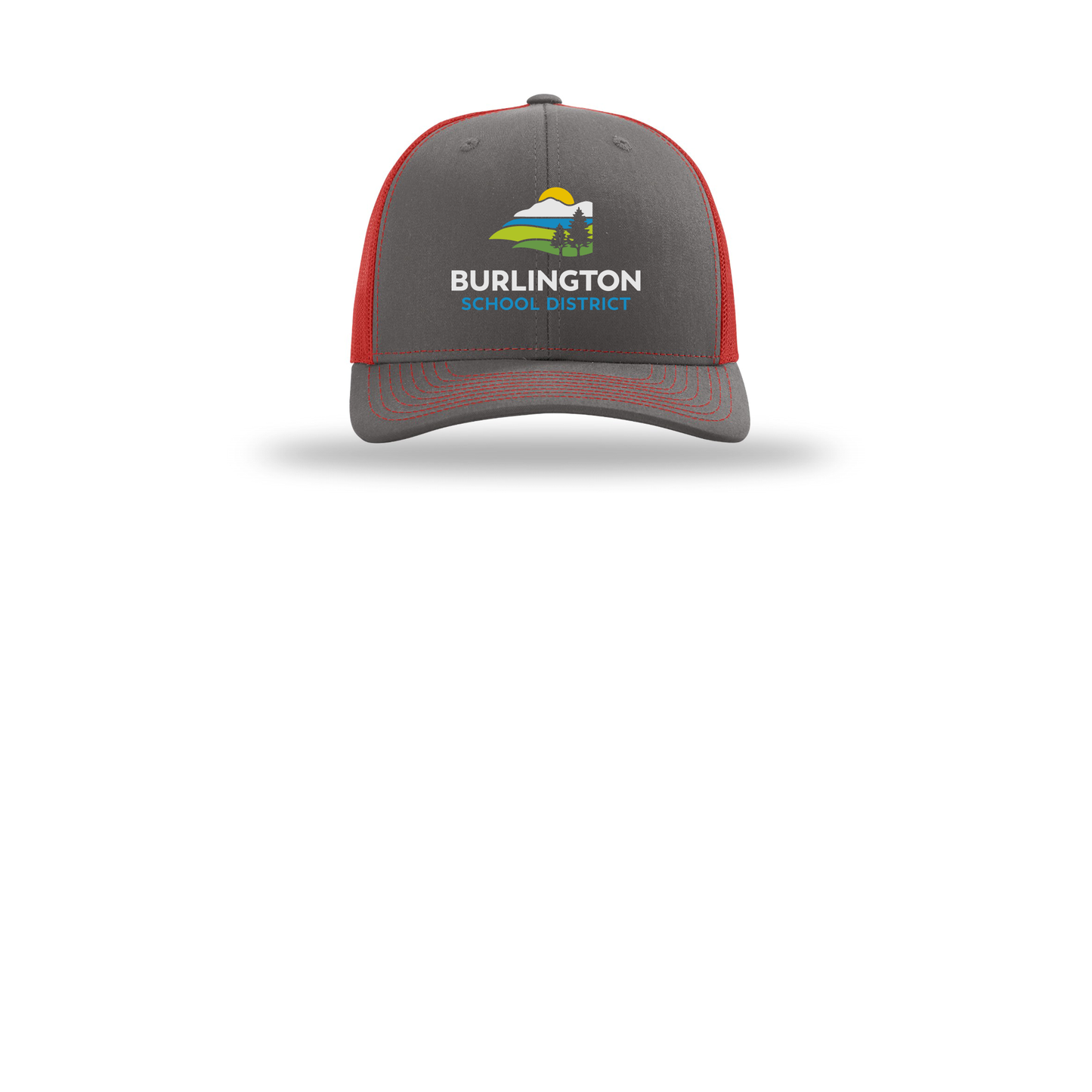 bsdvt-richardson-trucker-cap-embroidery-capfront-R112-charcoalred-flat-front