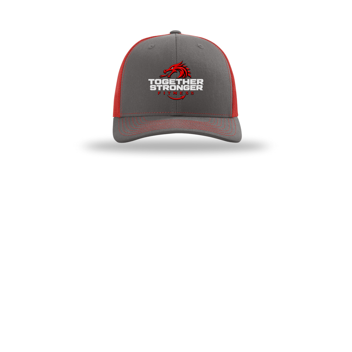 togetherstrongerfitness-richardson-trucker-cap-embroidery-capfront-R112-charcoalred-flat-front
