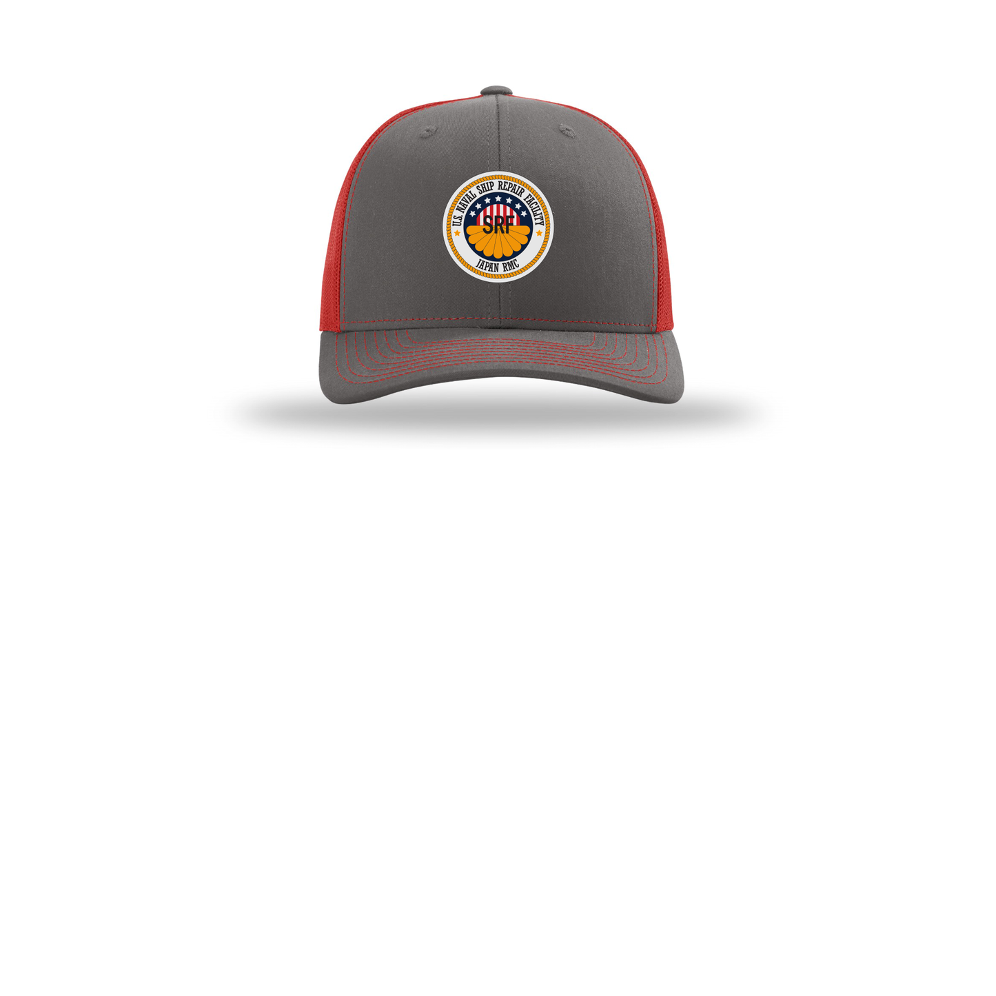 srf-jrmc-richardson-trucker-cap-embroidery-capfront-R112-charcoalred-flat-front