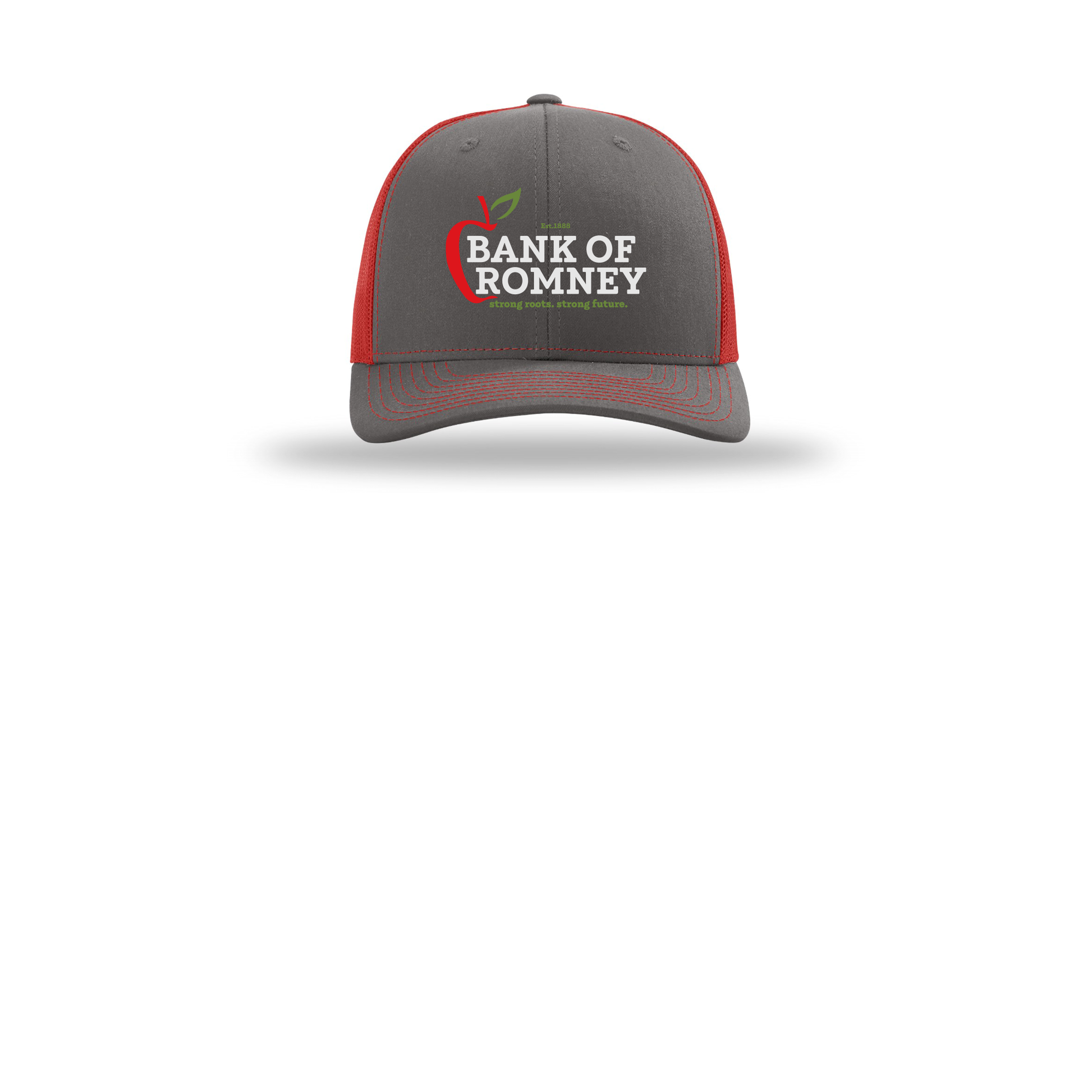 bankofromney-richardson-trucker-cap-embroidery-capfront-R112-charcoalred-flat-front