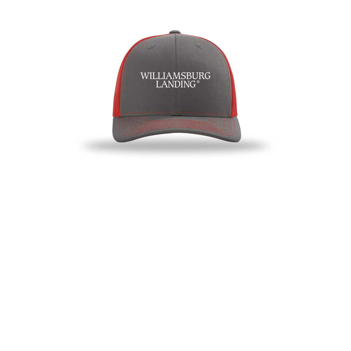 williamsburglanding-richardson-trucker-cap-embroidery-capfront-R112-charcoalred-flat-front