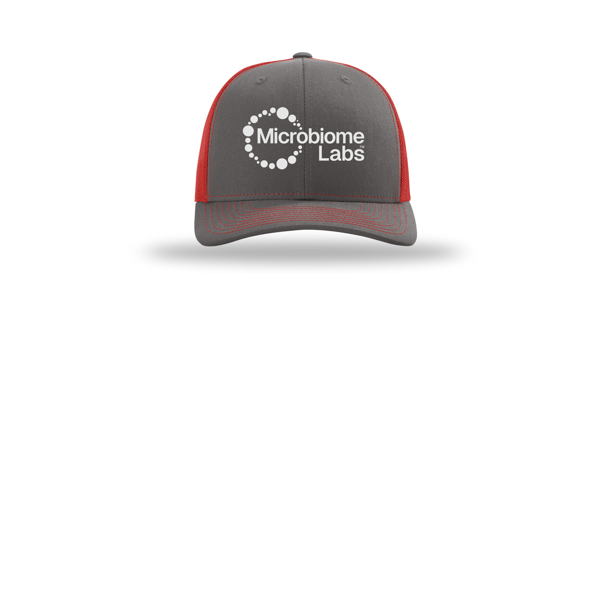 microbiomelabs-richardson-trucker-cap-embroidery-capfront-R112-charcoalred-flat-front