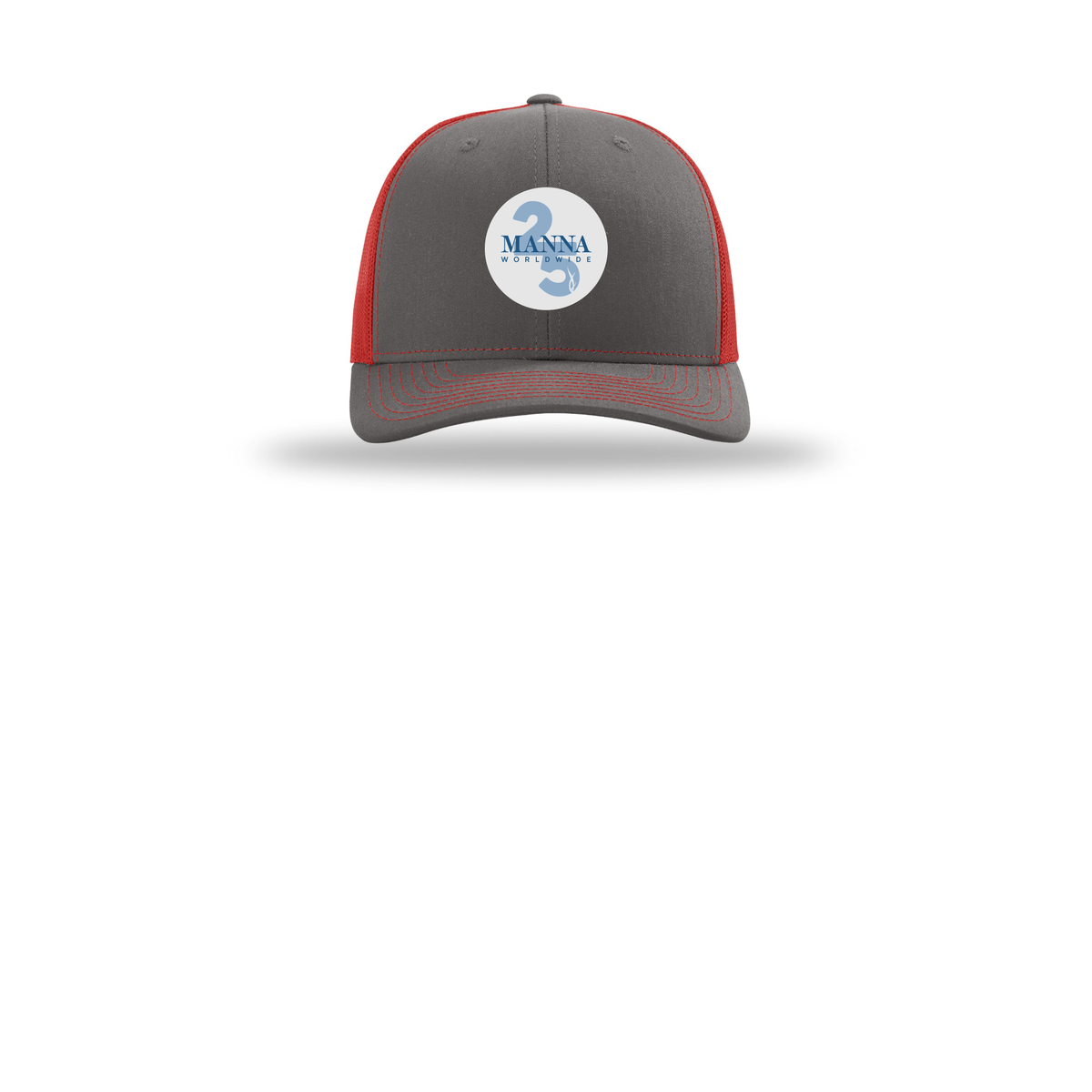 mannaworldwide-richardson-trucker-cap-embroidery-capfront-R112-charcoalred-flat-front