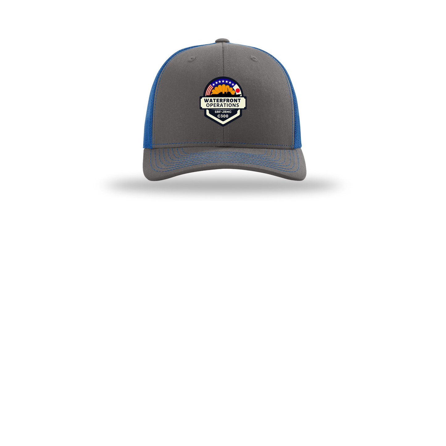 waterfront-operations-retro-trucker-cap-embroidery-capfront-R112-charcoalroyal-flat-front