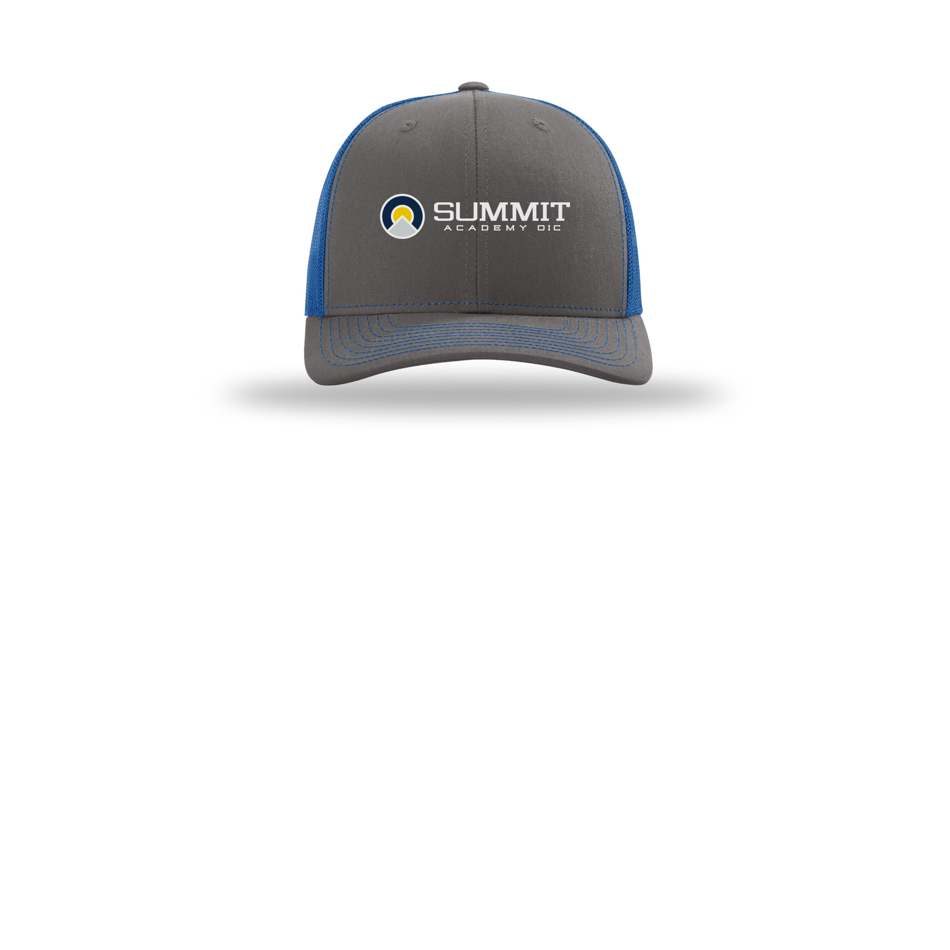 saoic-richardson-trucker-cap-embroidery-capfront-R112-charcoalroyal-flat-front